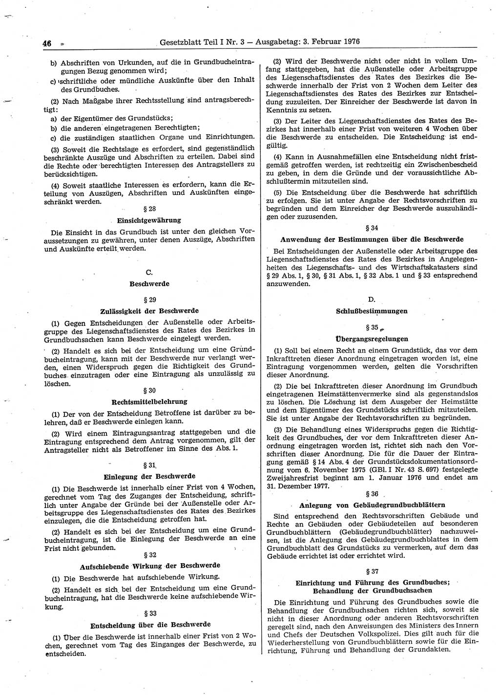Gesetzblatt (GBl.) der Deutschen Demokratischen Republik (DDR) Teil Ⅰ 1976, Seite 46 (GBl. DDR Ⅰ 1976, S. 46)