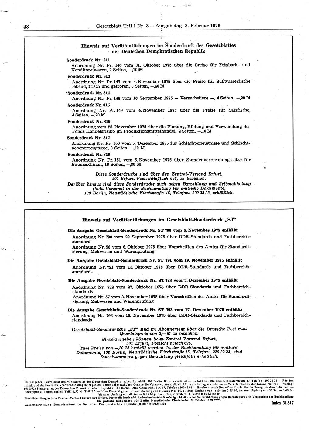 Gesetzblatt (GBl.) der Deutschen Demokratischen Republik (DDR) Teil Ⅰ 1976, Seite 48 (GBl. DDR Ⅰ 1976, S. 48)