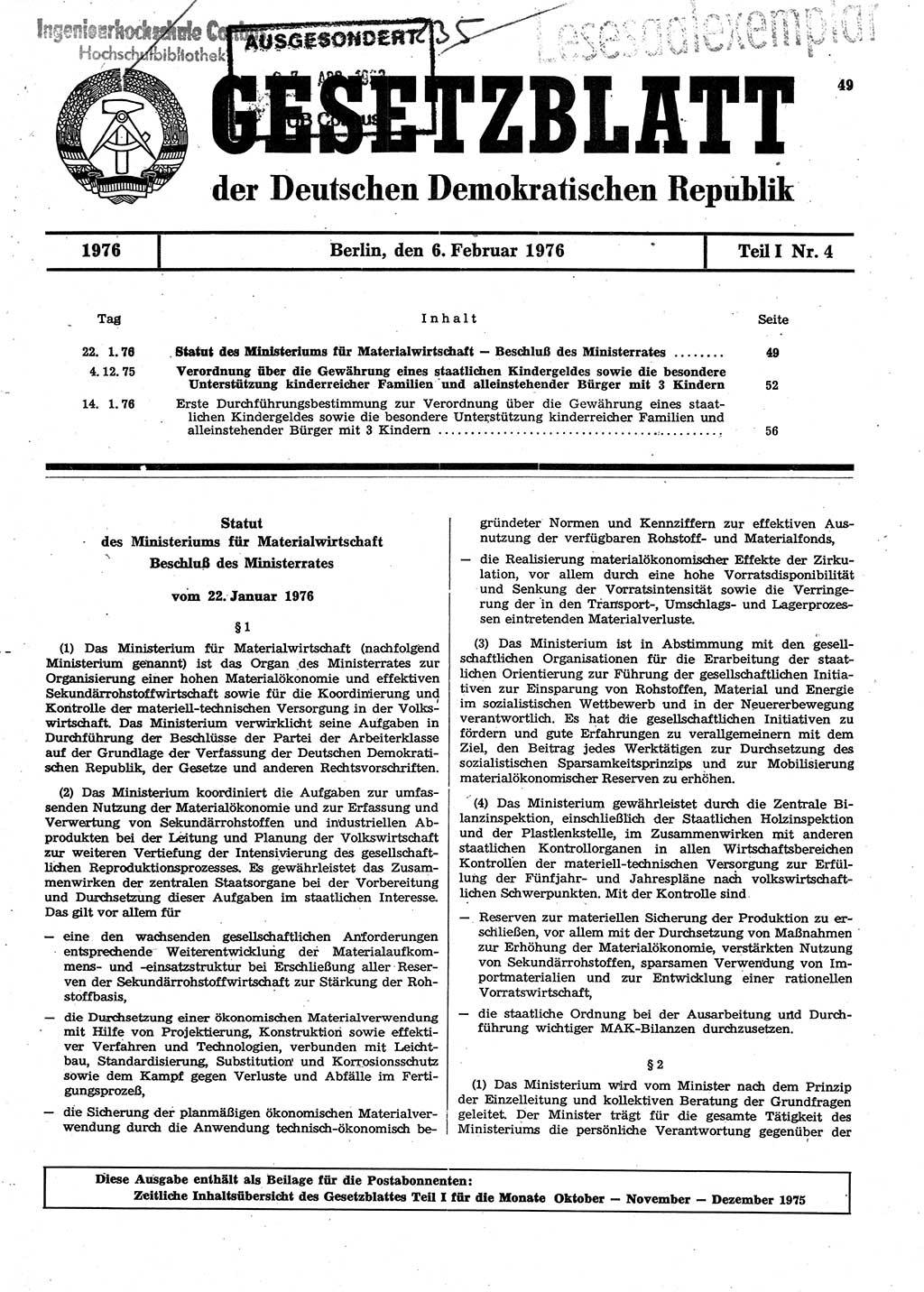 Gesetzblatt (GBl.) der Deutschen Demokratischen Republik (DDR) Teil Ⅰ 1976, Seite 49 (GBl. DDR Ⅰ 1976, S. 49)