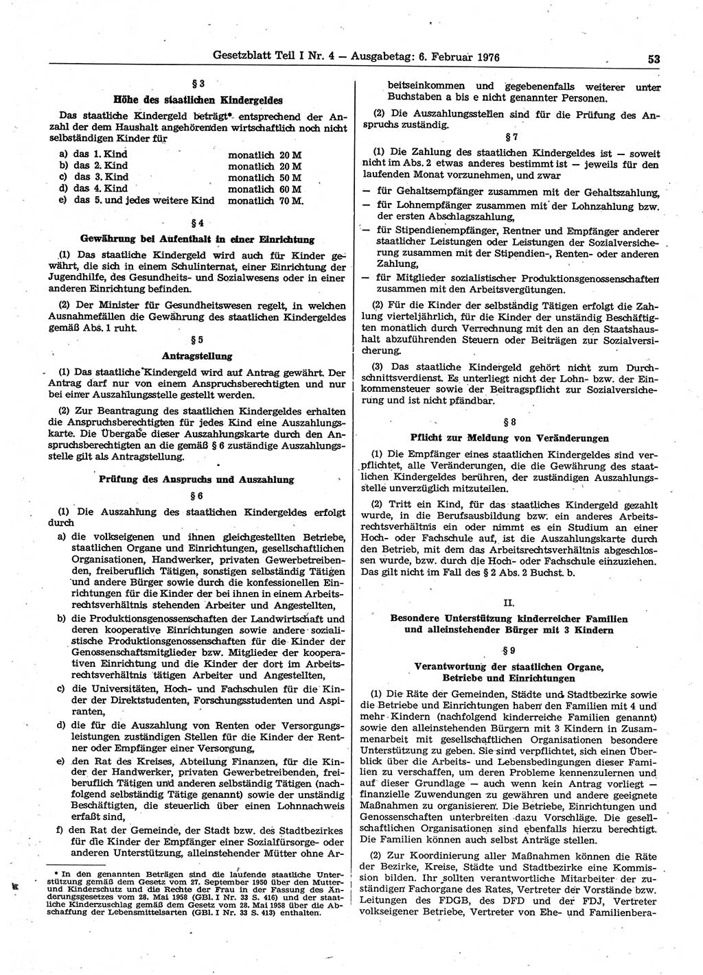 Gesetzblatt (GBl.) der Deutschen Demokratischen Republik (DDR) Teil Ⅰ 1976, Seite 53 (GBl. DDR Ⅰ 1976, S. 53)
