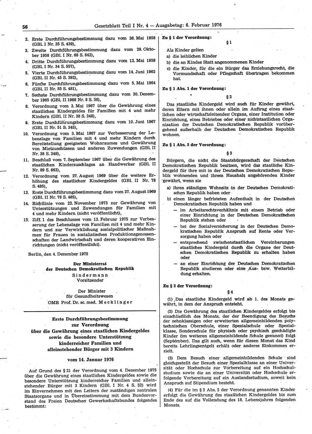 Gesetzblatt (GBl.) der Deutschen Demokratischen Republik (DDR) Teil Ⅰ 1976, Seite 56 (GBl. DDR Ⅰ 1976, S. 56)