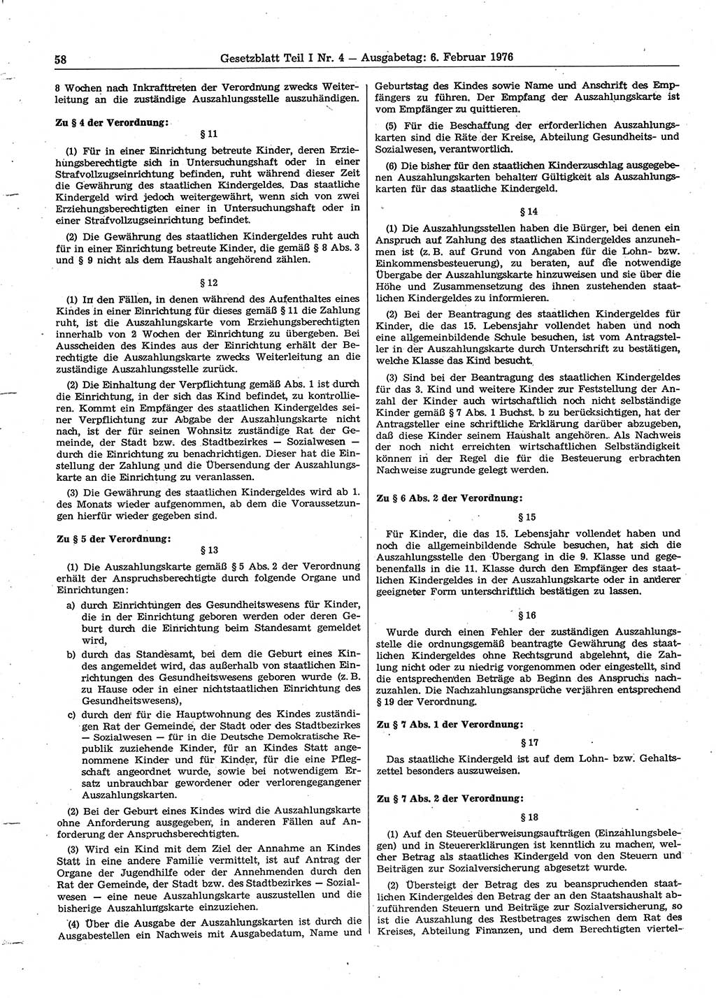 Gesetzblatt (GBl.) der Deutschen Demokratischen Republik (DDR) Teil Ⅰ 1976, Seite 58 (GBl. DDR Ⅰ 1976, S. 58)