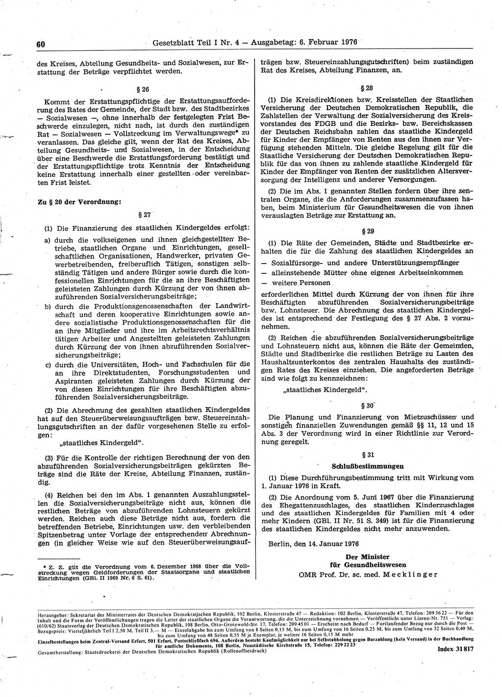 Gesetzblatt (GBl.) der Deutschen Demokratischen Republik (DDR) Teil Ⅰ 1976, Seite 60 (GBl. DDR Ⅰ 1976, S. 60)