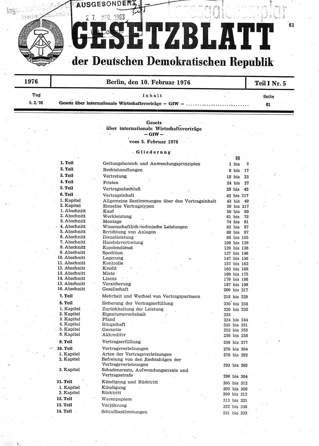 Gesetzblatt (GBl.) der Deutschen Demokratischen Republik (DDR) Teil Ⅰ 1976, Seite 61 (GBl. DDR Ⅰ 1976, S. 61)