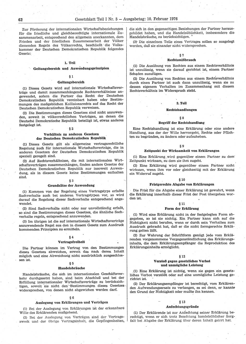 Gesetzblatt (GBl.) der Deutschen Demokratischen Republik (DDR) Teil Ⅰ 1976, Seite 62 (GBl. DDR Ⅰ 1976, S. 62)