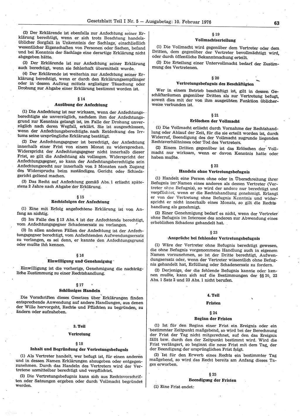 Gesetzblatt (GBl.) der Deutschen Demokratischen Republik (DDR) Teil Ⅰ 1976, Seite 63 (GBl. DDR Ⅰ 1976, S. 63)