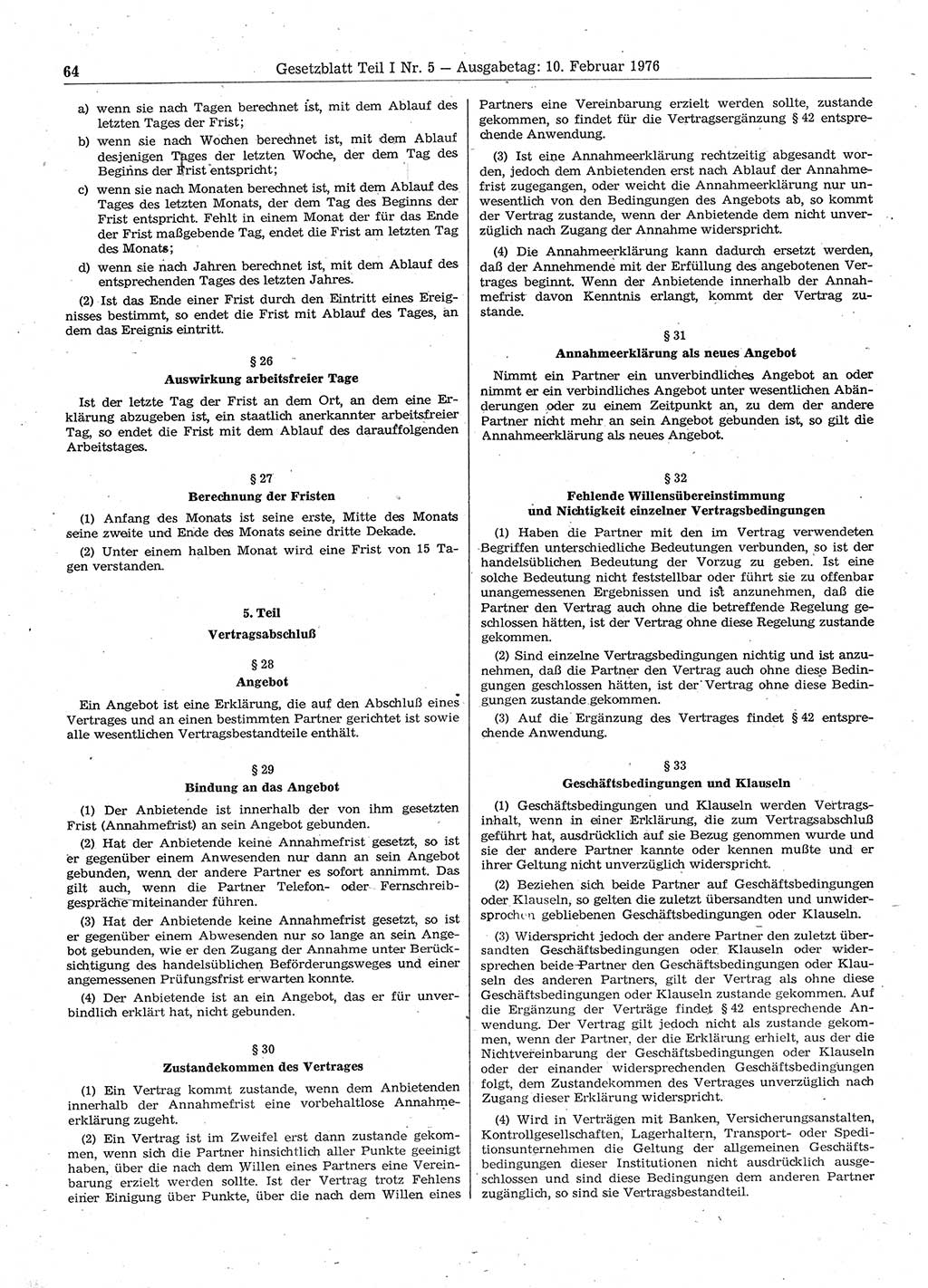 Gesetzblatt (GBl.) der Deutschen Demokratischen Republik (DDR) Teil Ⅰ 1976, Seite 64 (GBl. DDR Ⅰ 1976, S. 64)