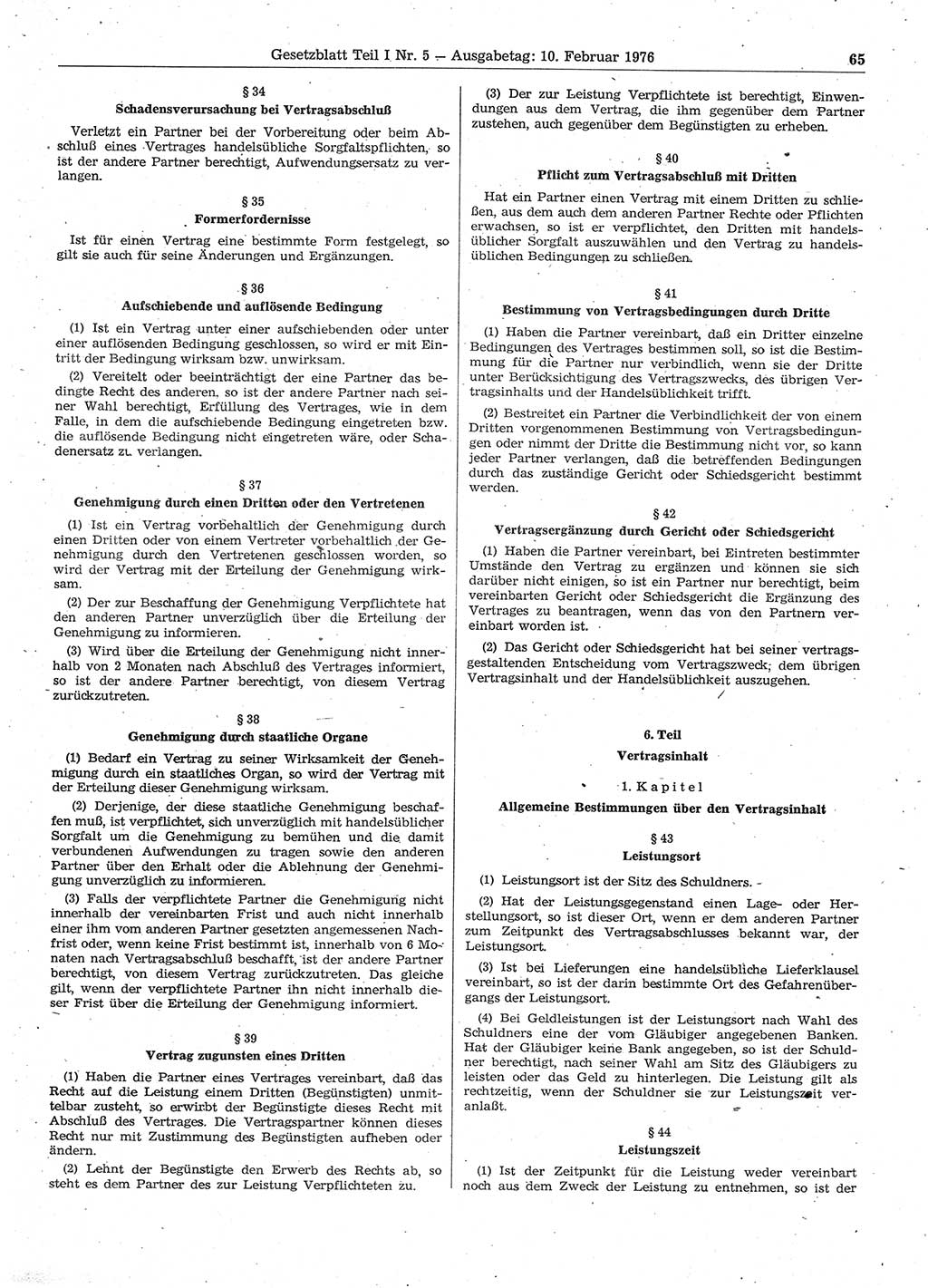 Gesetzblatt (GBl.) der Deutschen Demokratischen Republik (DDR) Teil Ⅰ 1976, Seite 65 (GBl. DDR Ⅰ 1976, S. 65)