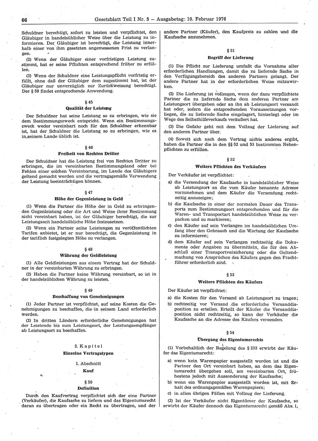 Gesetzblatt (GBl.) der Deutschen Demokratischen Republik (DDR) Teil Ⅰ 1976, Seite 66 (GBl. DDR Ⅰ 1976, S. 66)