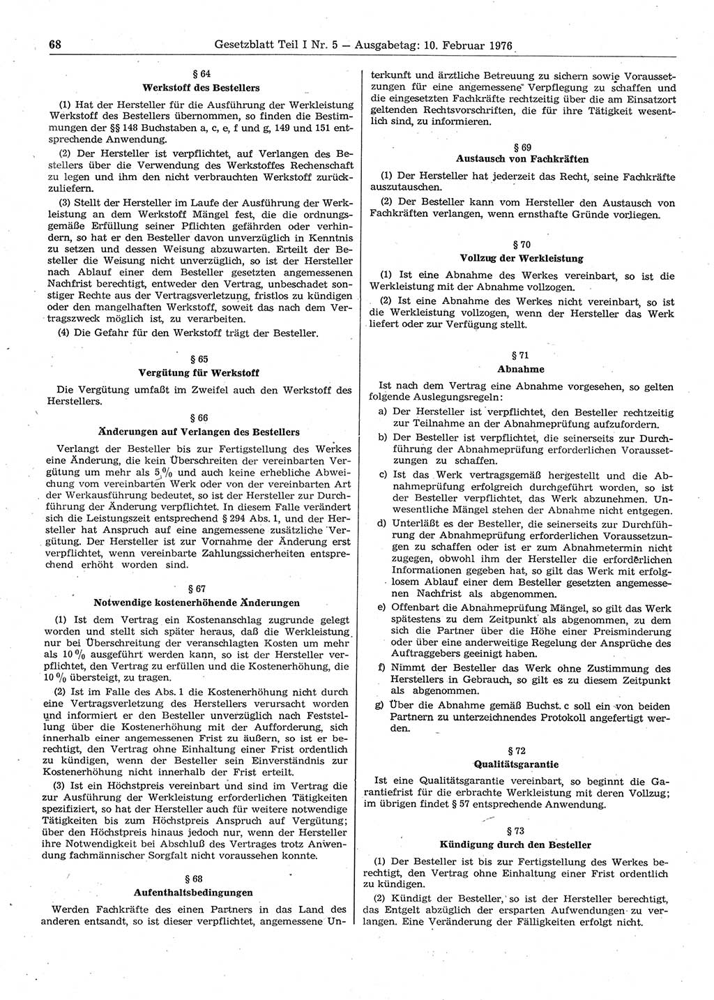 Gesetzblatt (GBl.) der Deutschen Demokratischen Republik (DDR) Teil Ⅰ 1976, Seite 68 (GBl. DDR Ⅰ 1976, S. 68)