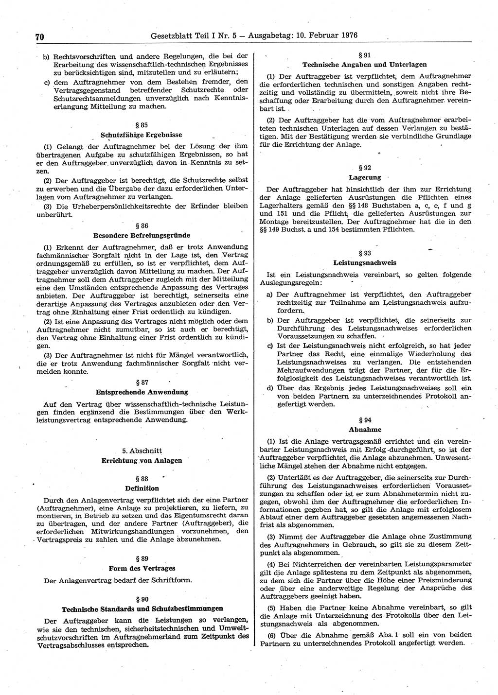 Gesetzblatt (GBl.) der Deutschen Demokratischen Republik (DDR) Teil Ⅰ 1976, Seite 70 (GBl. DDR Ⅰ 1976, S. 70)