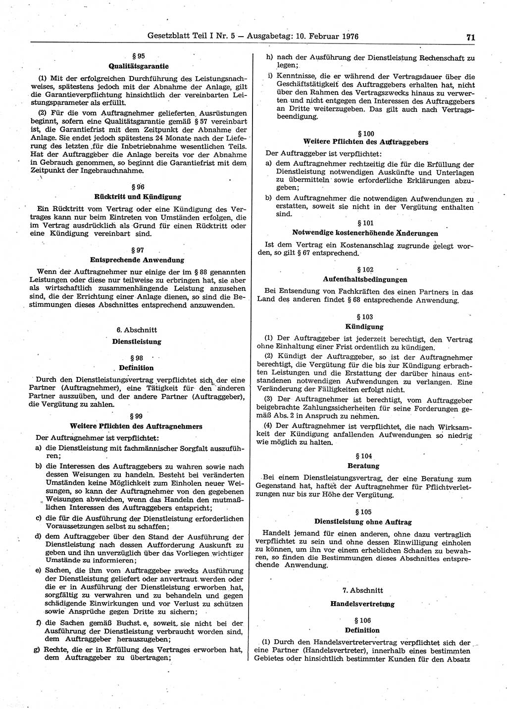 Gesetzblatt (GBl.) der Deutschen Demokratischen Republik (DDR) Teil Ⅰ 1976, Seite 71 (GBl. DDR Ⅰ 1976, S. 71)