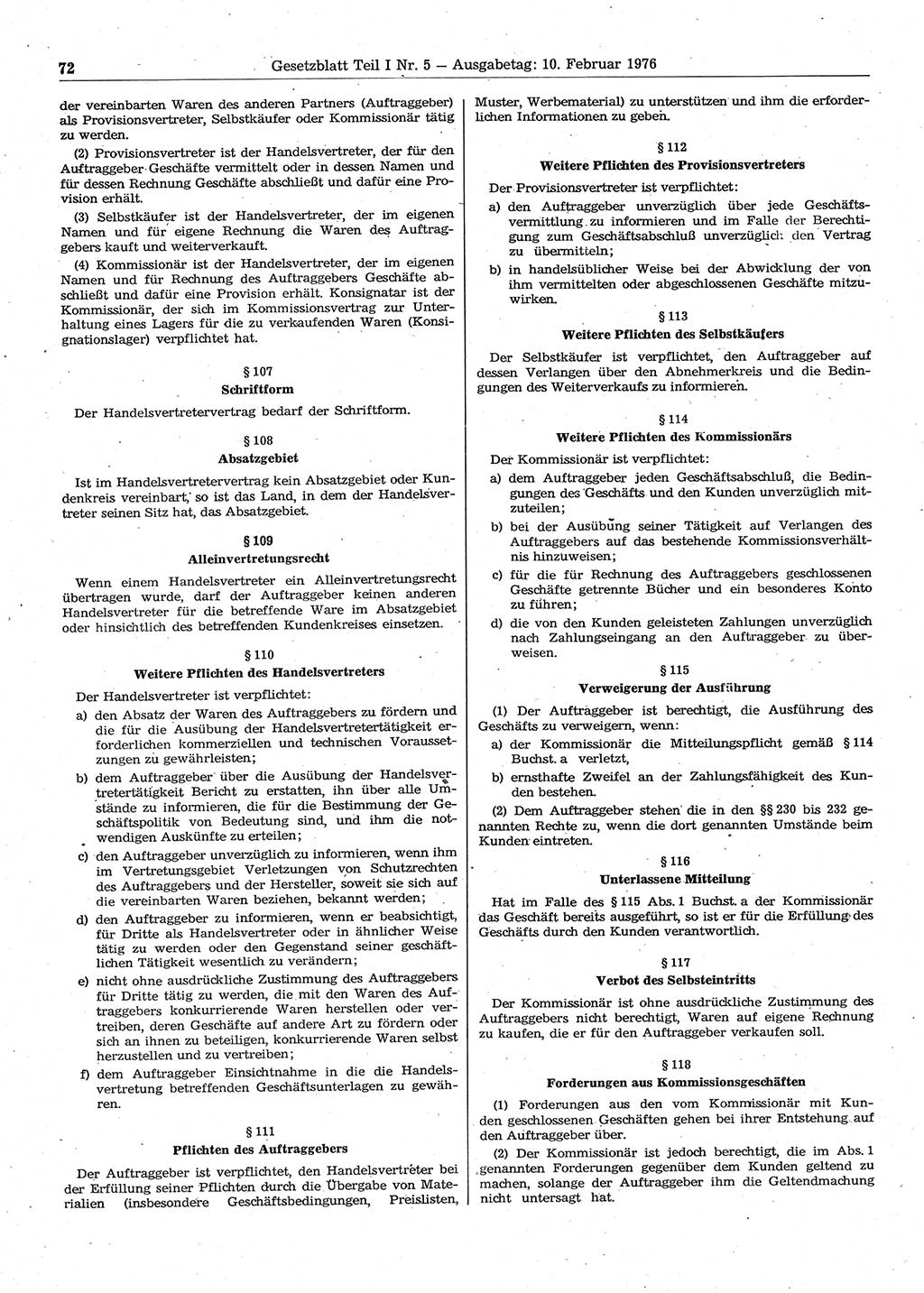 Gesetzblatt (GBl.) der Deutschen Demokratischen Republik (DDR) Teil Ⅰ 1976, Seite 72 (GBl. DDR Ⅰ 1976, S. 72)