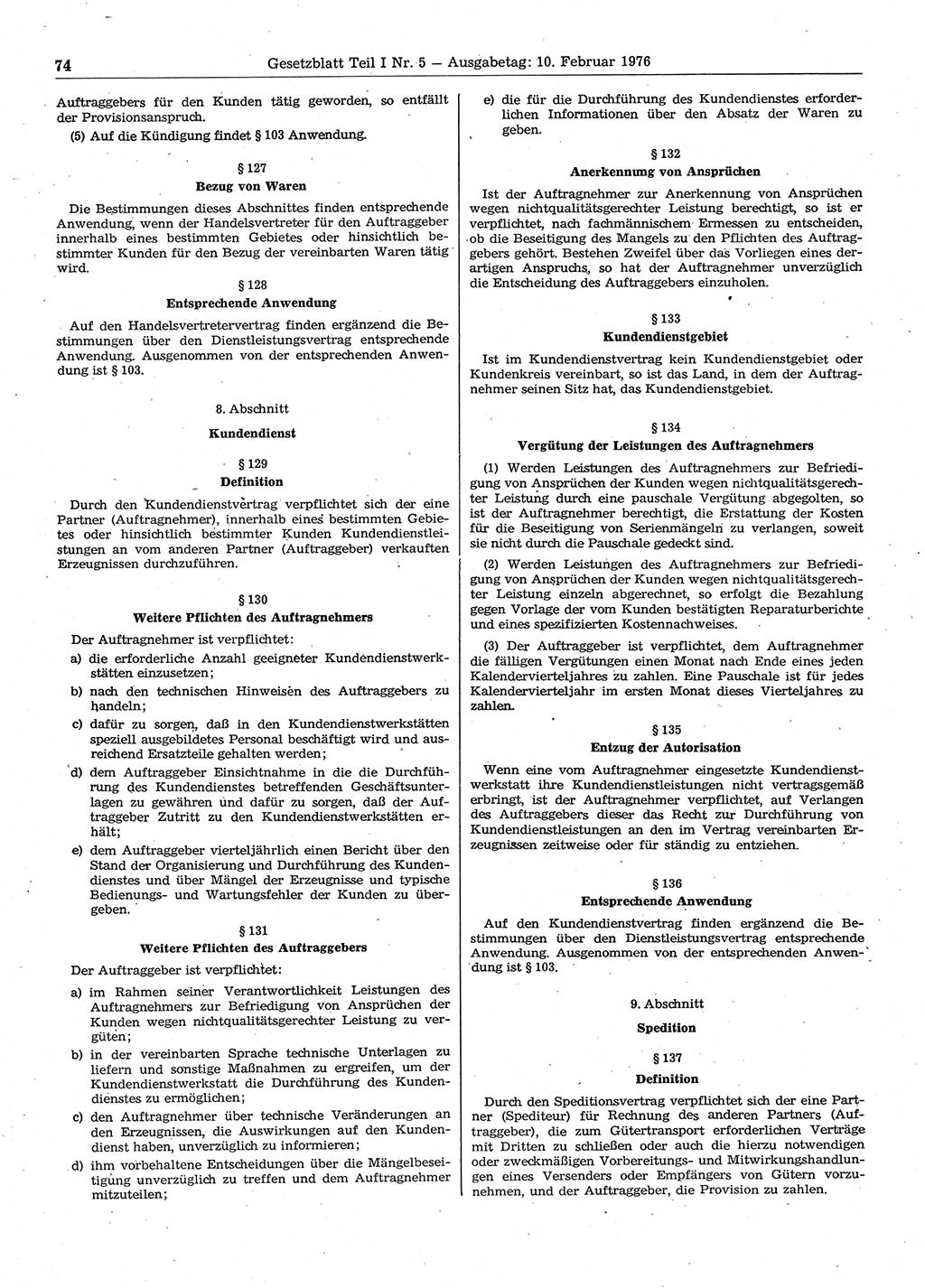 Gesetzblatt (GBl.) der Deutschen Demokratischen Republik (DDR) Teil Ⅰ 1976, Seite 74 (GBl. DDR Ⅰ 1976, S. 74)