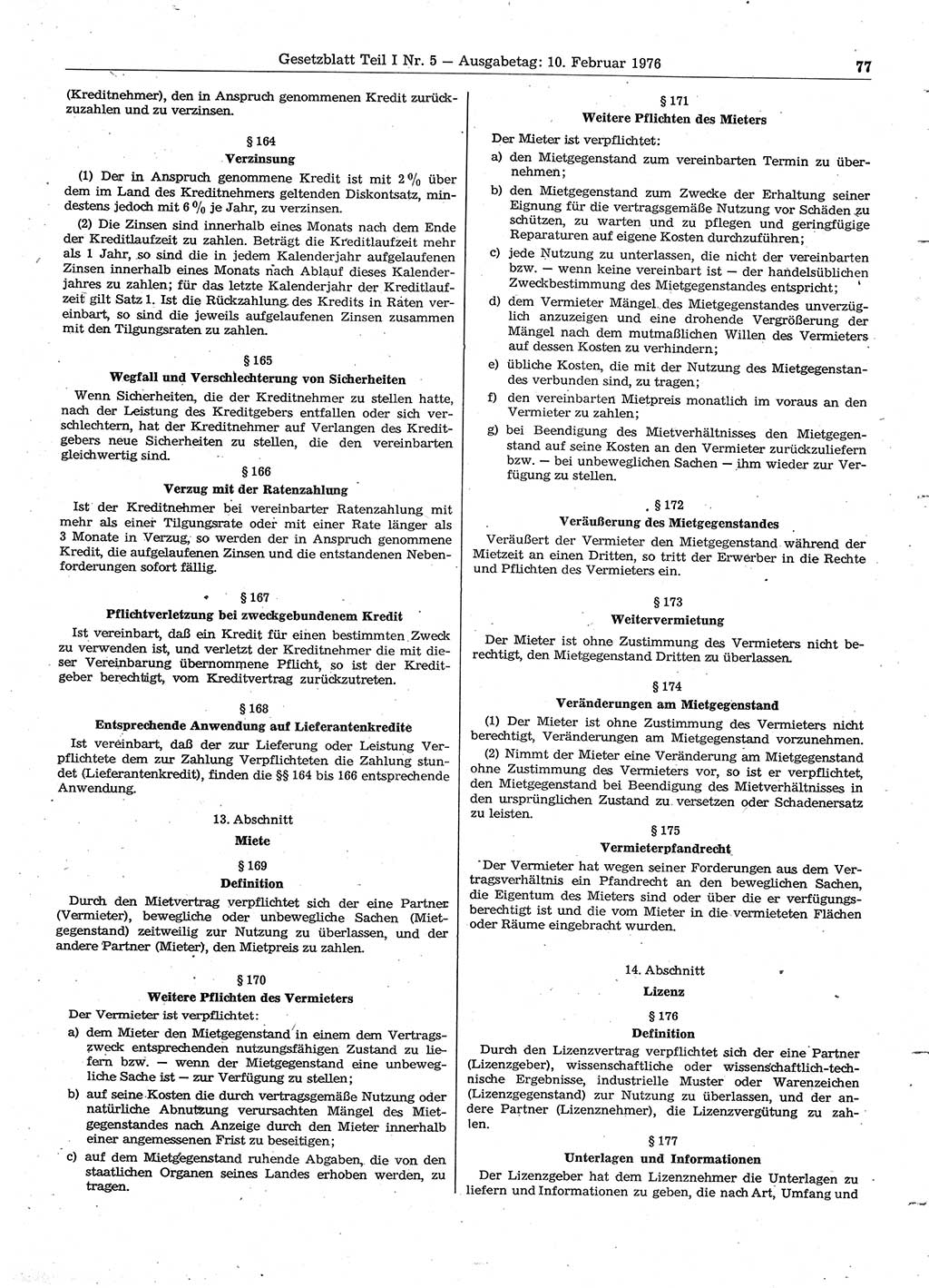 Gesetzblatt (GBl.) der Deutschen Demokratischen Republik (DDR) Teil Ⅰ 1976, Seite 77 (GBl. DDR Ⅰ 1976, S. 77)