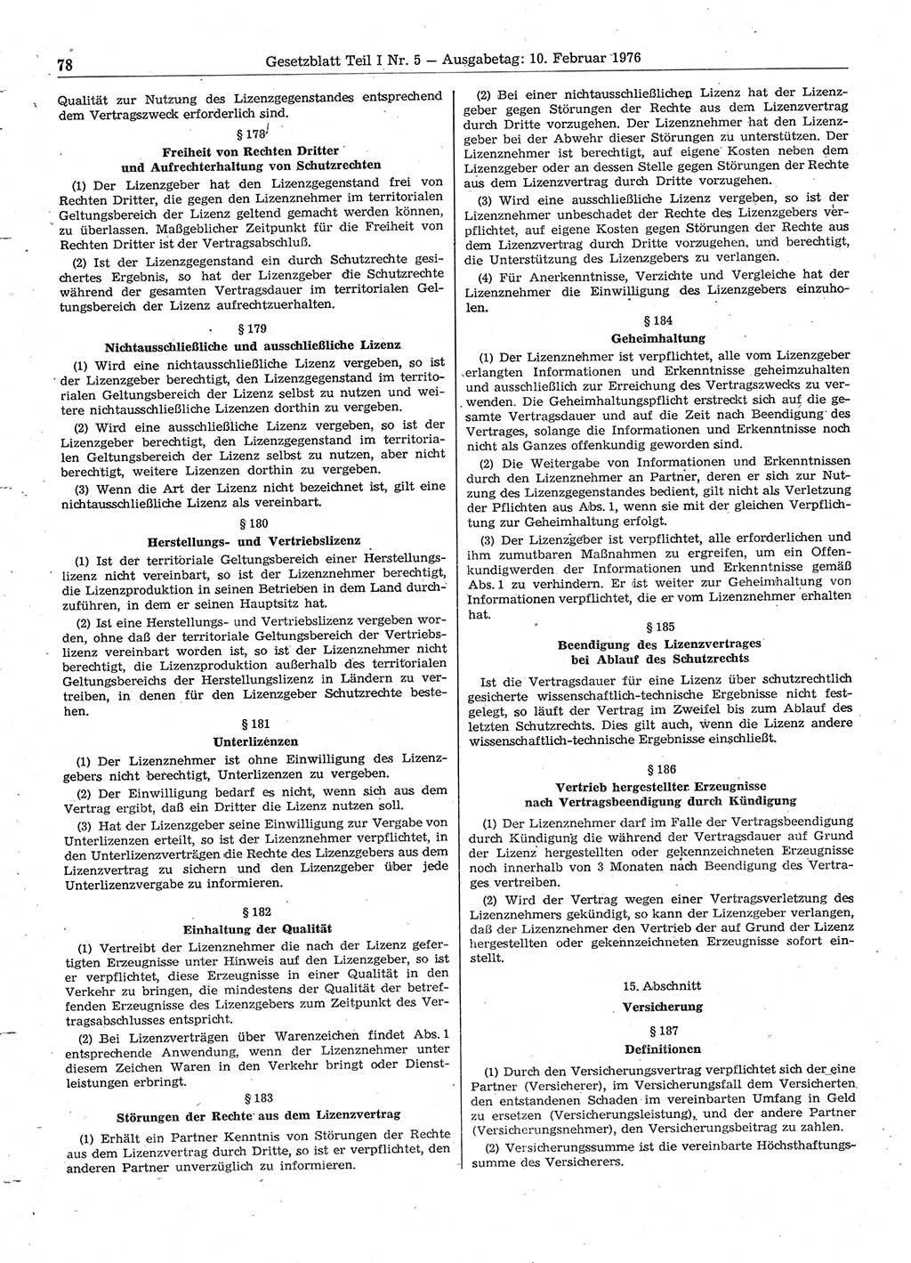 Gesetzblatt (GBl.) der Deutschen Demokratischen Republik (DDR) Teil Ⅰ 1976, Seite 78 (GBl. DDR Ⅰ 1976, S. 78)