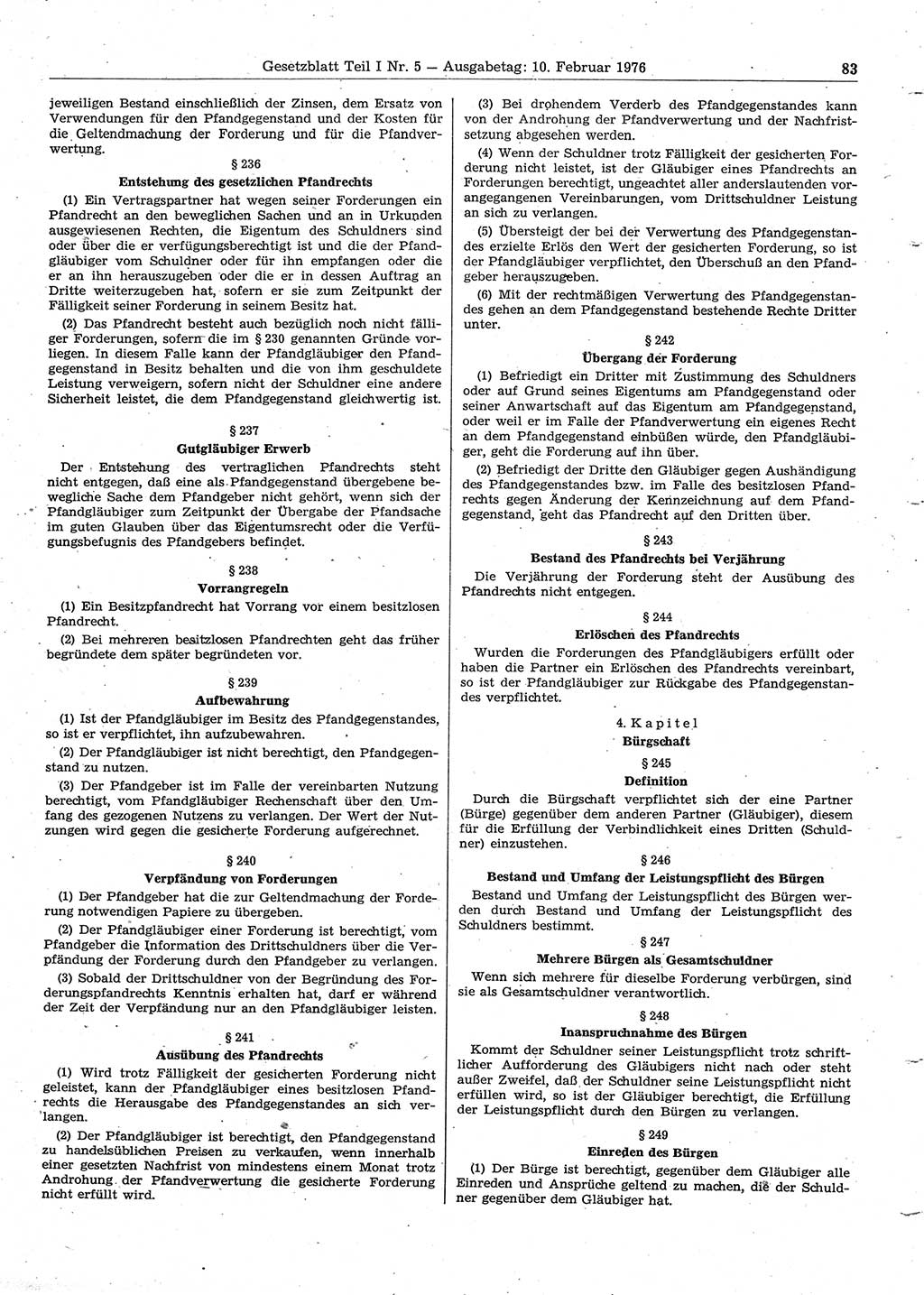 Gesetzblatt (GBl.) der Deutschen Demokratischen Republik (DDR) Teil Ⅰ 1976, Seite 83 (GBl. DDR Ⅰ 1976, S. 83)