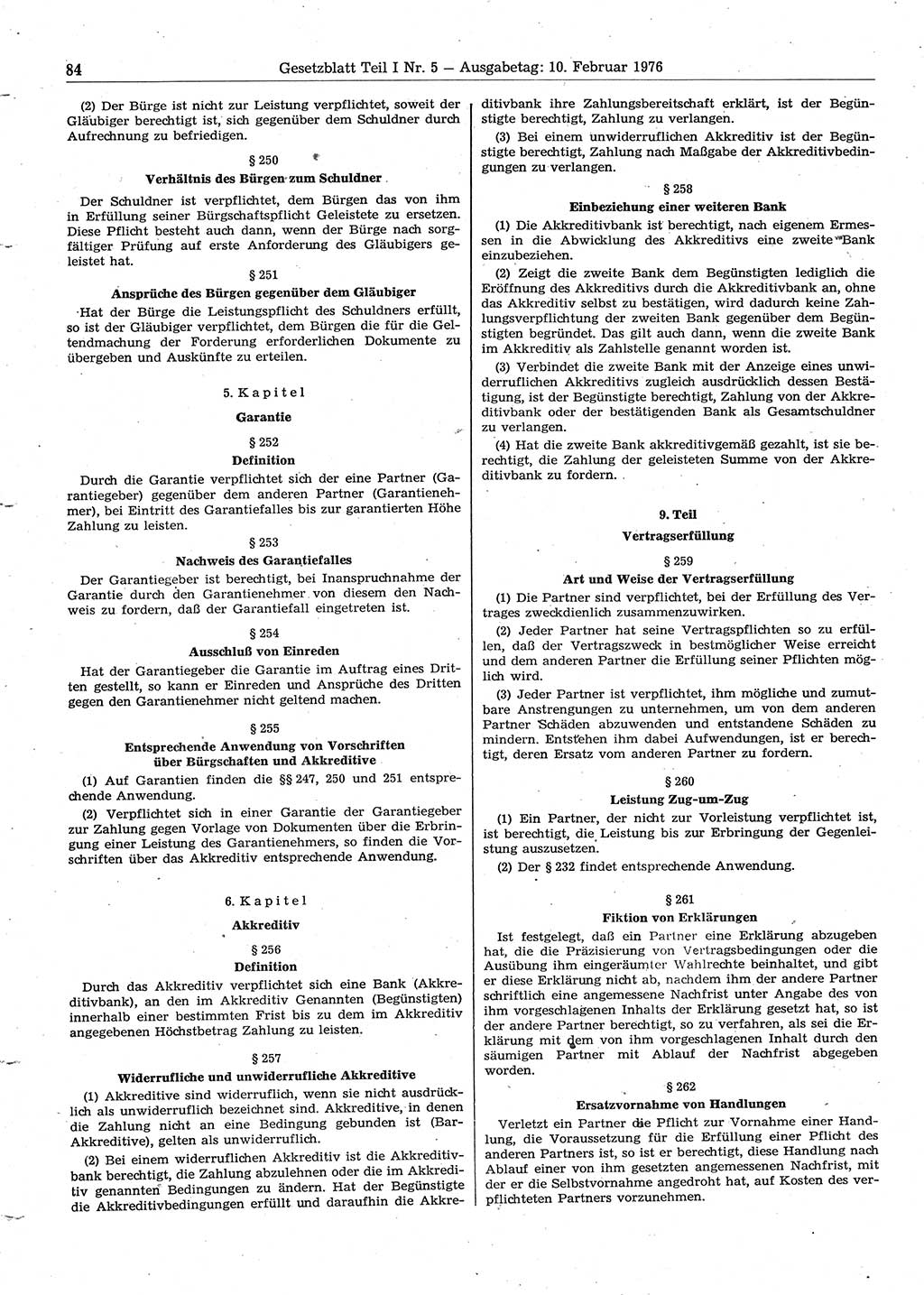 Gesetzblatt (GBl.) der Deutschen Demokratischen Republik (DDR) Teil Ⅰ 1976, Seite 84 (GBl. DDR Ⅰ 1976, S. 84)