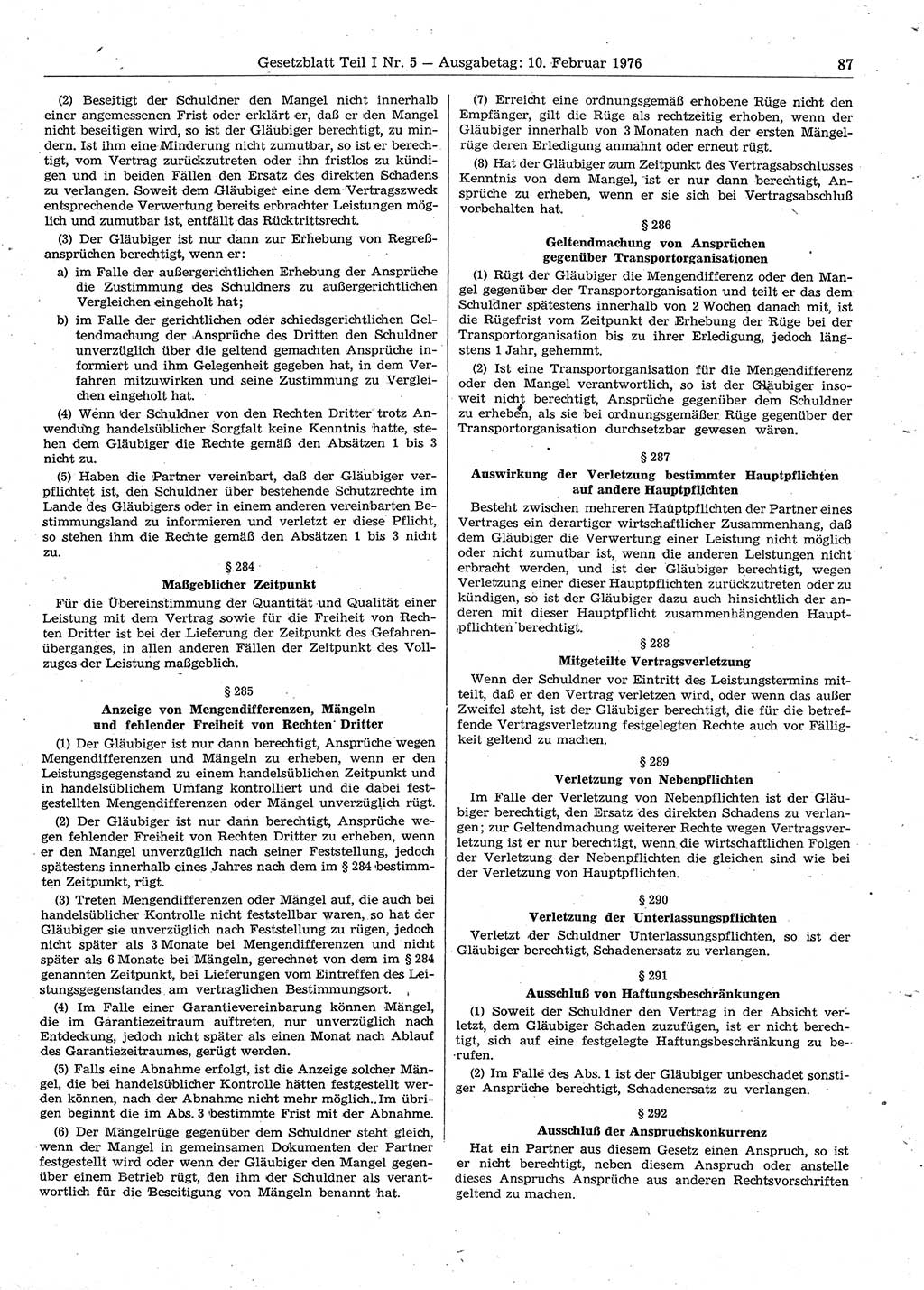 Gesetzblatt (GBl.) der Deutschen Demokratischen Republik (DDR) Teil Ⅰ 1976, Seite 87 (GBl. DDR Ⅰ 1976, S. 87)