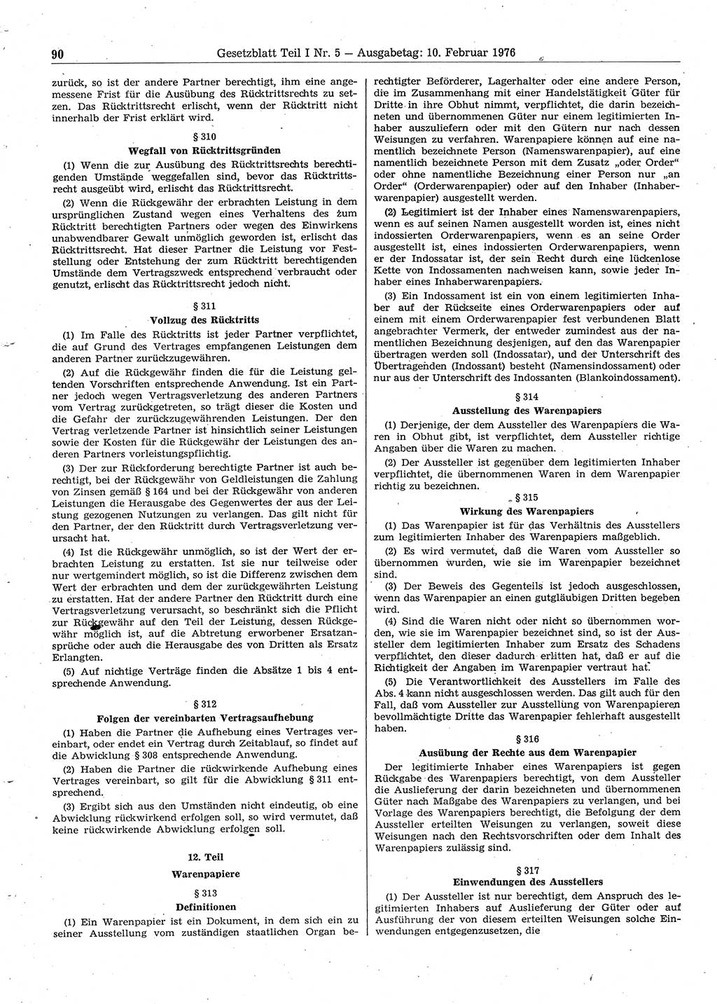 Gesetzblatt (GBl.) der Deutschen Demokratischen Republik (DDR) Teil Ⅰ 1976, Seite 90 (GBl. DDR Ⅰ 1976, S. 90)