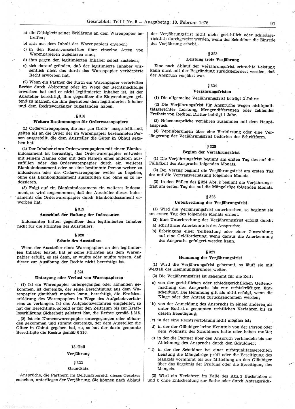 Gesetzblatt (GBl.) der Deutschen Demokratischen Republik (DDR) Teil Ⅰ 1976, Seite 91 (GBl. DDR Ⅰ 1976, S. 91)