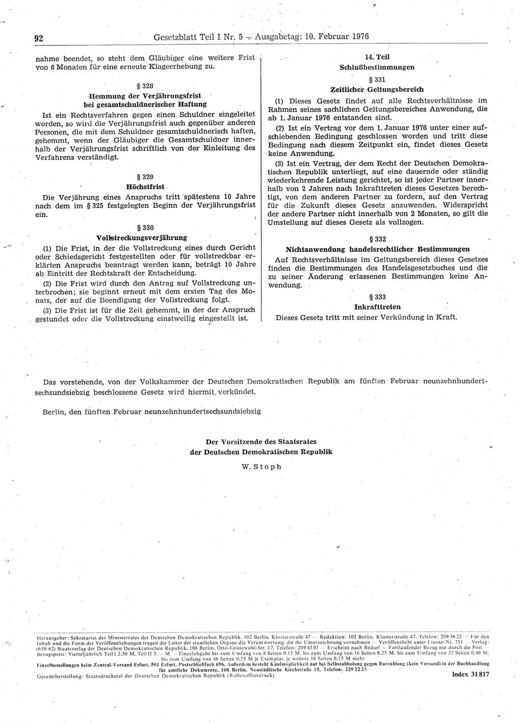 Gesetzblatt (GBl.) der Deutschen Demokratischen Republik (DDR) Teil Ⅰ 1976, Seite 92 (GBl. DDR Ⅰ 1976, S. 92)