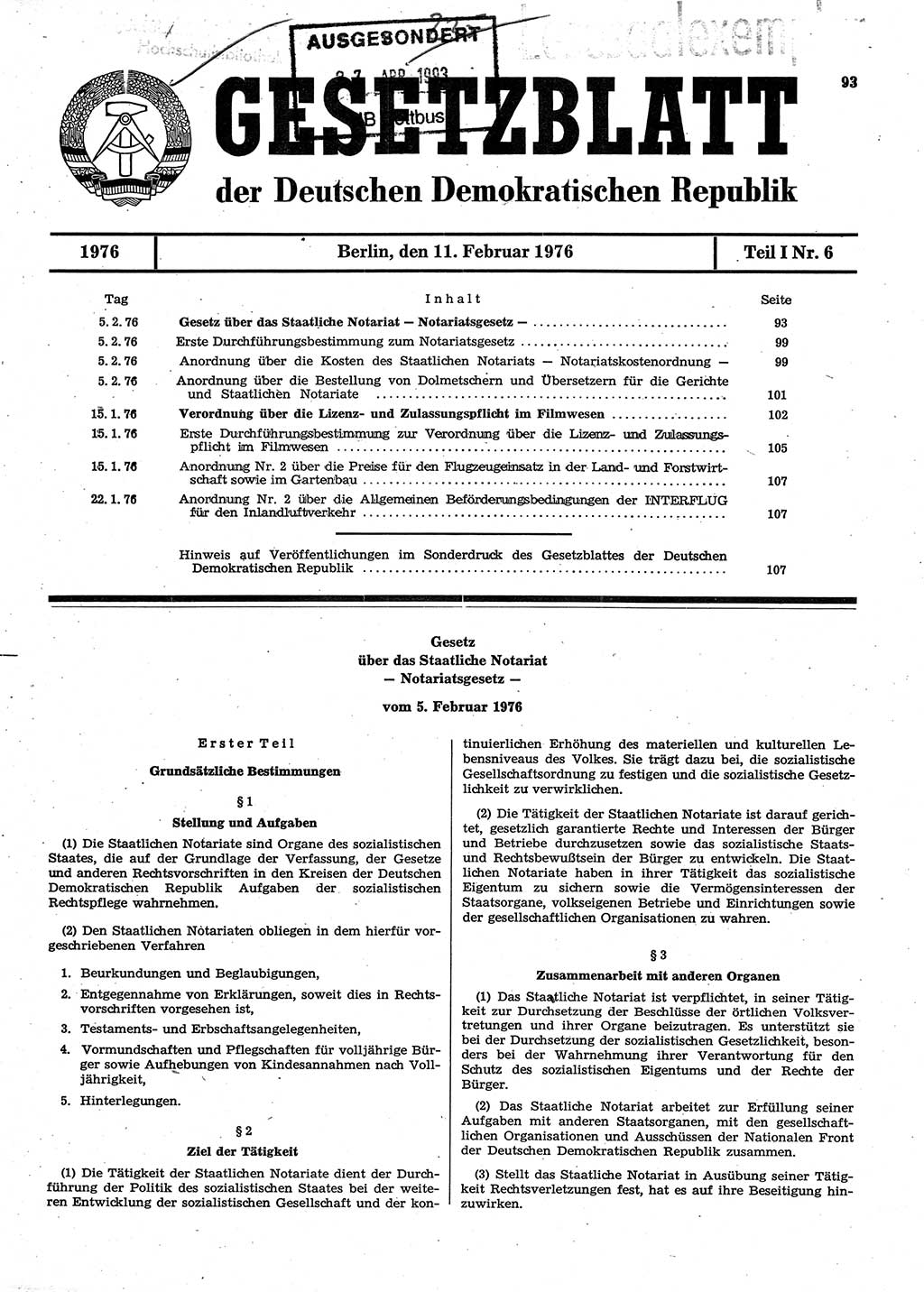 Gesetzblatt (GBl.) der Deutschen Demokratischen Republik (DDR) Teil Ⅰ 1976, Seite 93 (GBl. DDR Ⅰ 1976, S. 93)