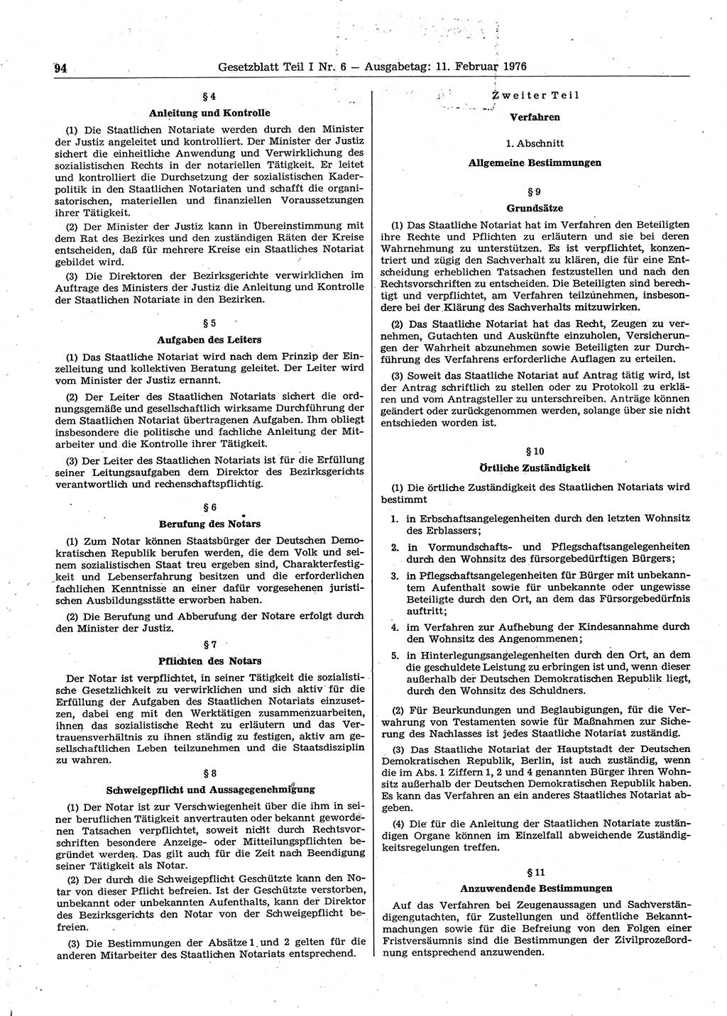 Gesetzblatt (GBl.) der Deutschen Demokratischen Republik (DDR) Teil Ⅰ 1976, Seite 94 (GBl. DDR Ⅰ 1976, S. 94)