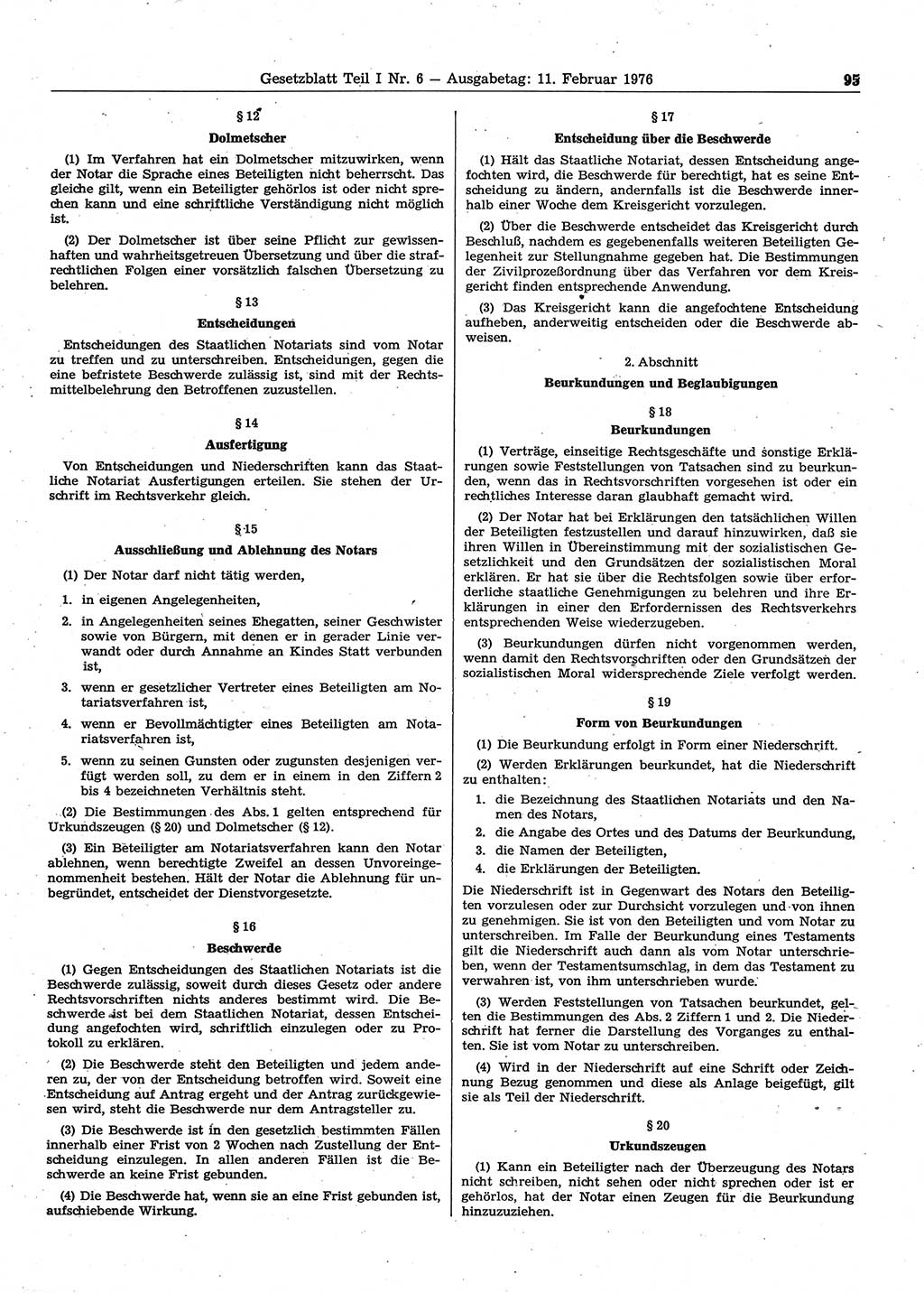 Gesetzblatt (GBl.) der Deutschen Demokratischen Republik (DDR) Teil Ⅰ 1976, Seite 95 (GBl. DDR Ⅰ 1976, S. 95)
