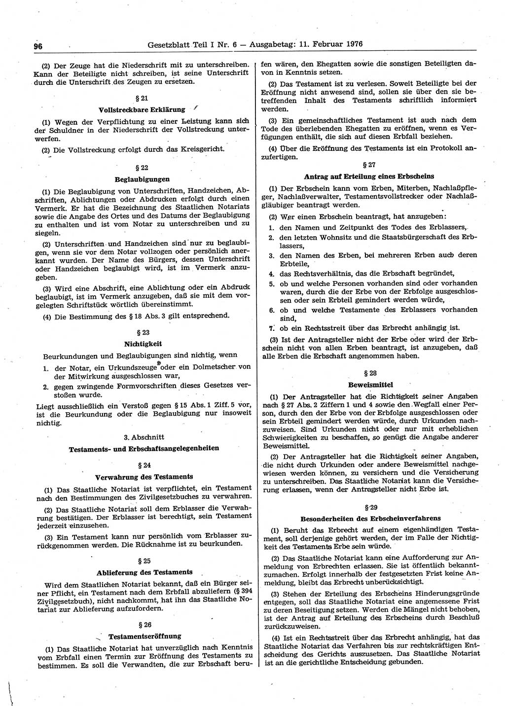 Gesetzblatt (GBl.) der Deutschen Demokratischen Republik (DDR) Teil Ⅰ 1976, Seite 96 (GBl. DDR Ⅰ 1976, S. 96)