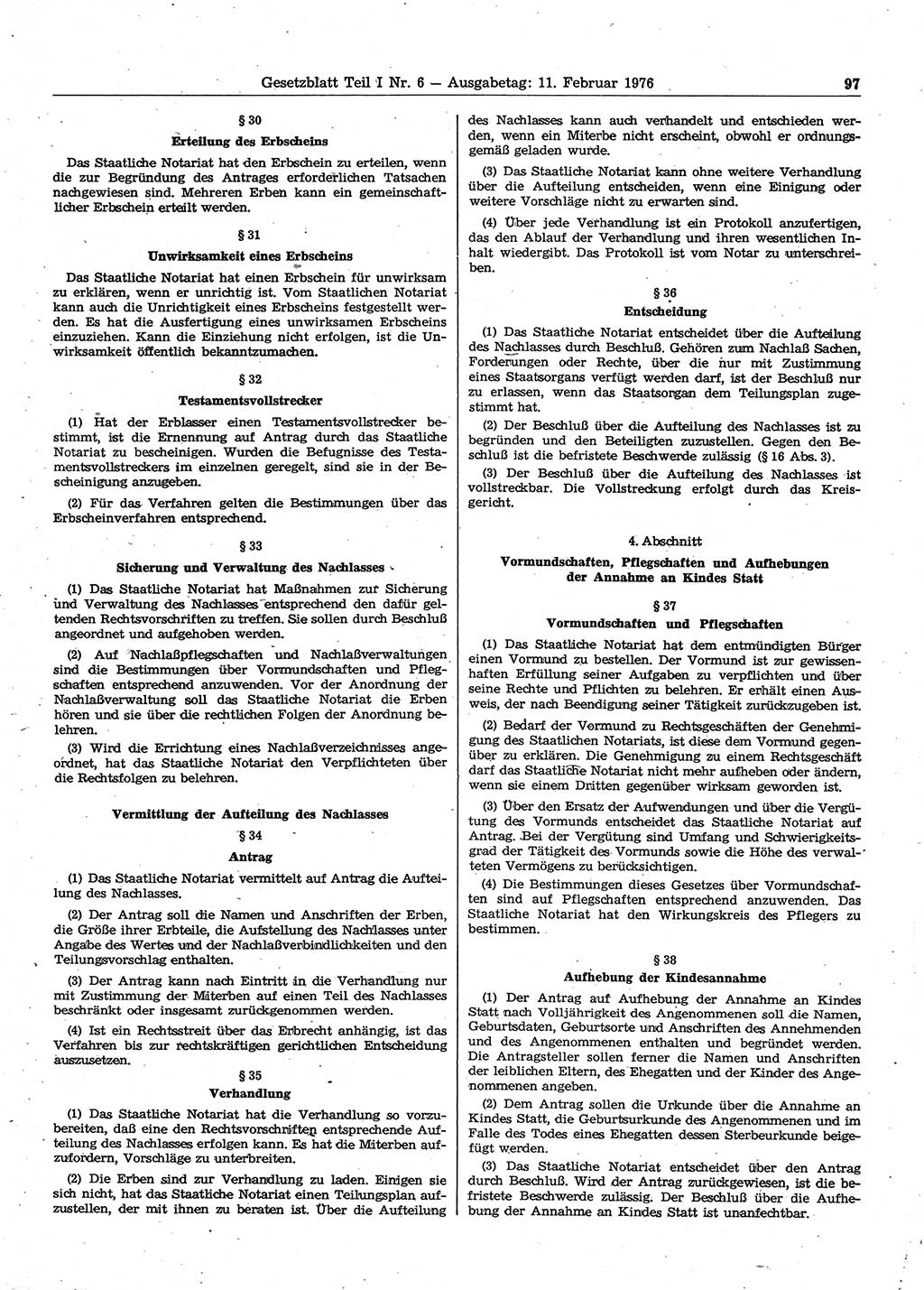 Gesetzblatt (GBl.) der Deutschen Demokratischen Republik (DDR) Teil Ⅰ 1976, Seite 97 (GBl. DDR Ⅰ 1976, S. 97)
