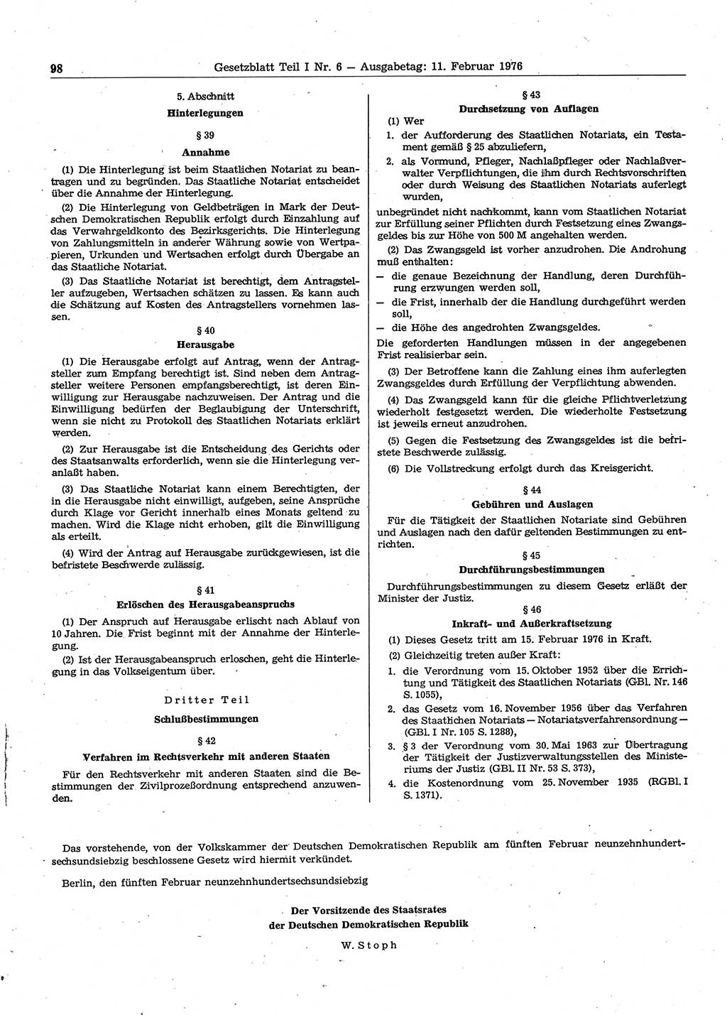 Gesetzblatt (GBl.) der Deutschen Demokratischen Republik (DDR) Teil Ⅰ 1976, Seite 98 (GBl. DDR Ⅰ 1976, S. 98)