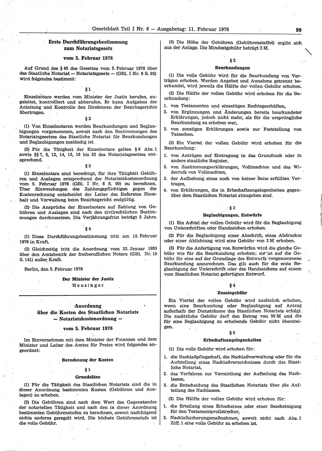 Gesetzblatt (GBl.) der Deutschen Demokratischen Republik (DDR) Teil Ⅰ 1976, Seite 99 (GBl. DDR Ⅰ 1976, S. 99)