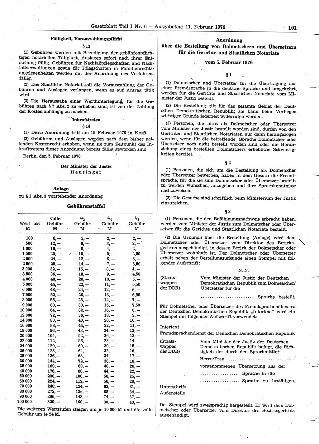 Gesetzblatt (GBl.) der Deutschen Demokratischen Republik (DDR) Teil Ⅰ 1976, Seite 101 (GBl. DDR Ⅰ 1976, S. 101)