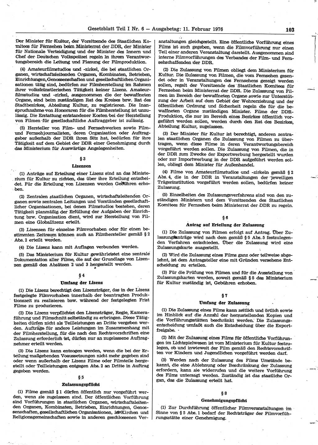 Gesetzblatt (GBl.) der Deutschen Demokratischen Republik (DDR) Teil Ⅰ 1976, Seite 103 (GBl. DDR Ⅰ 1976, S. 103)