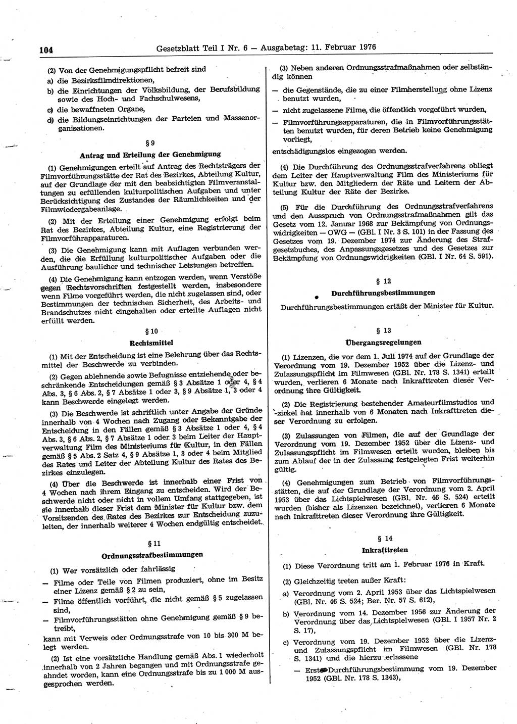 Gesetzblatt (GBl.) der Deutschen Demokratischen Republik (DDR) Teil Ⅰ 1976, Seite 104 (GBl. DDR Ⅰ 1976, S. 104)
