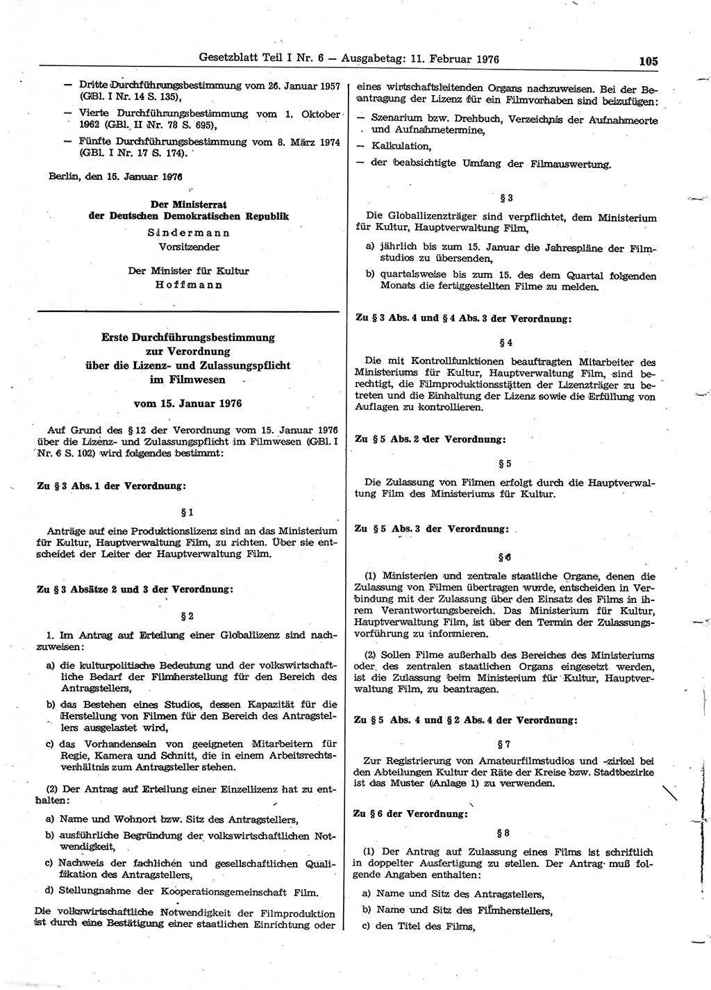 Gesetzblatt (GBl.) der Deutschen Demokratischen Republik (DDR) Teil Ⅰ 1976, Seite 105 (GBl. DDR Ⅰ 1976, S. 105)