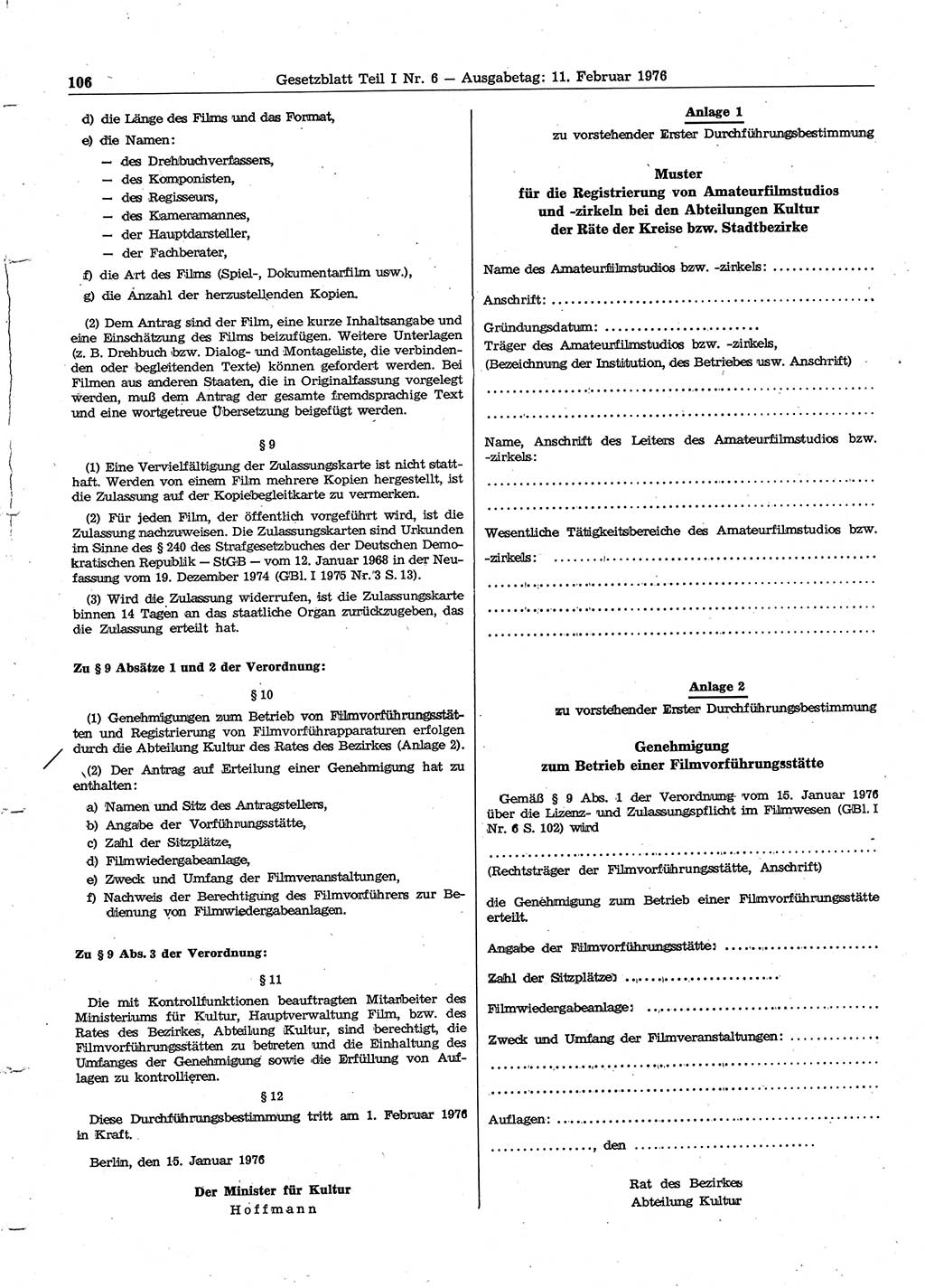Gesetzblatt (GBl.) der Deutschen Demokratischen Republik (DDR) Teil Ⅰ 1976, Seite 106 (GBl. DDR Ⅰ 1976, S. 106)