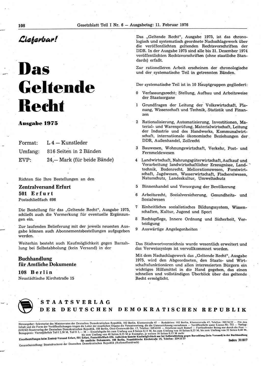 Gesetzblatt (GBl.) der Deutschen Demokratischen Republik (DDR) Teil Ⅰ 1976, Seite 108 (GBl. DDR Ⅰ 1976, S. 108)