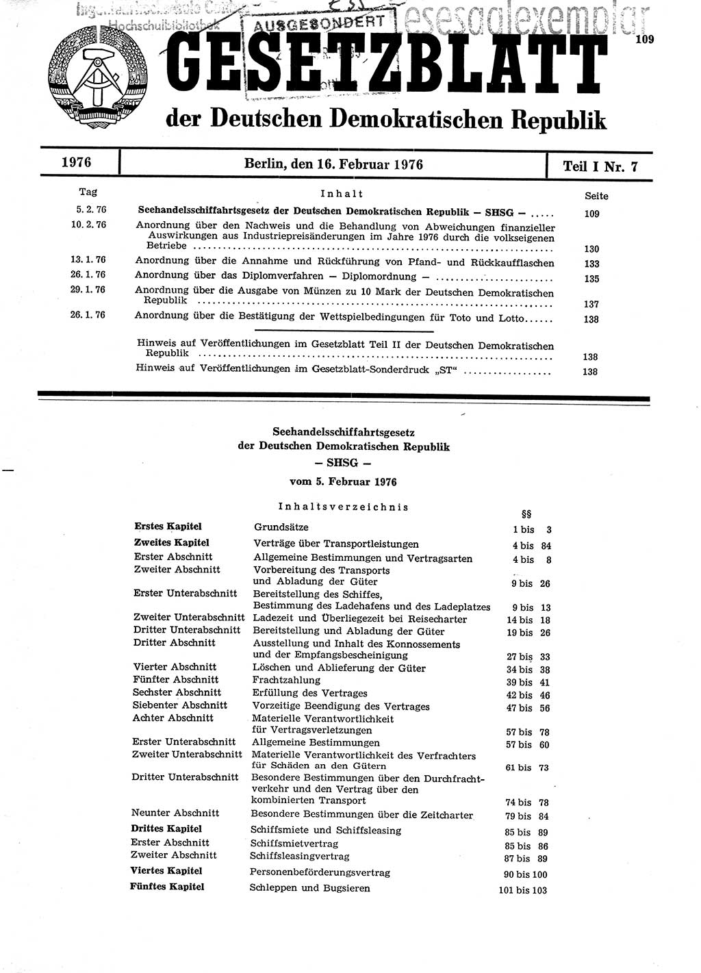 Gesetzblatt (GBl.) der Deutschen Demokratischen Republik (DDR) Teil Ⅰ 1976, Seite 109 (GBl. DDR Ⅰ 1976, S. 109)