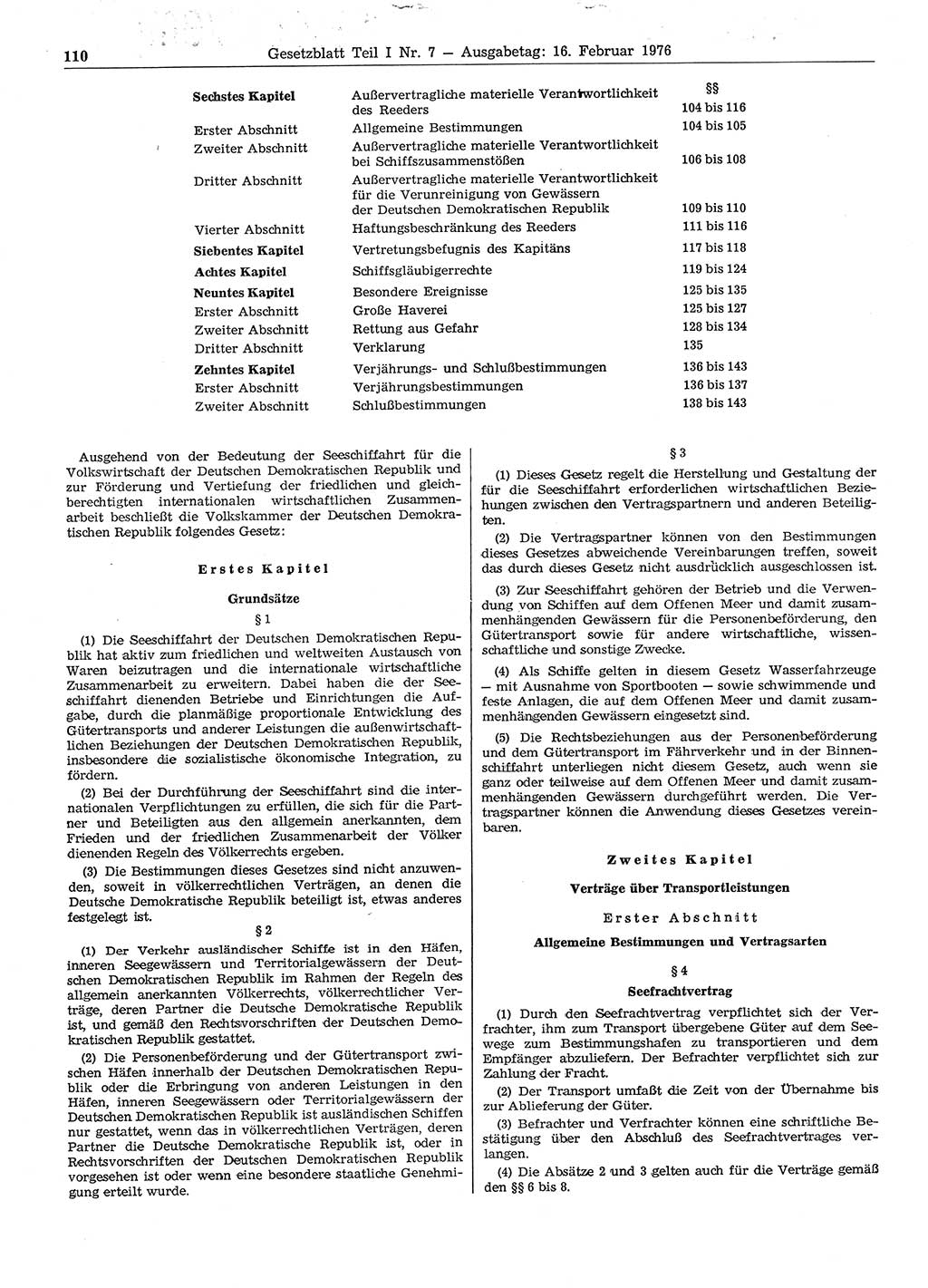 Gesetzblatt (GBl.) der Deutschen Demokratischen Republik (DDR) Teil Ⅰ 1976, Seite 110 (GBl. DDR Ⅰ 1976, S. 110)