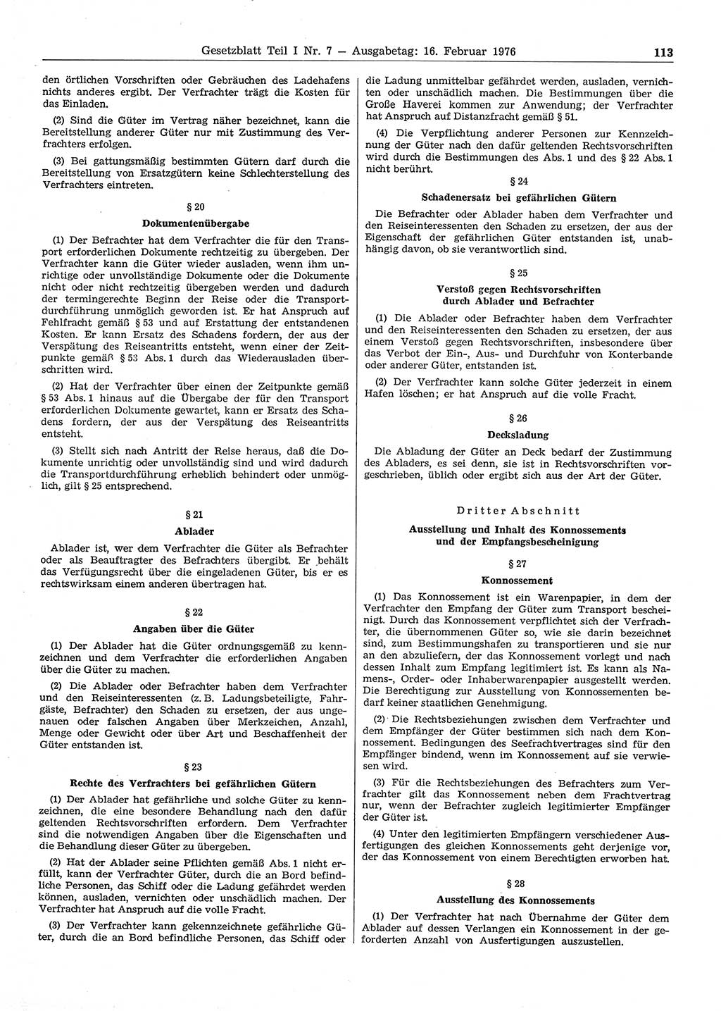 Gesetzblatt (GBl.) der Deutschen Demokratischen Republik (DDR) Teil Ⅰ 1976, Seite 113 (GBl. DDR Ⅰ 1976, S. 113)