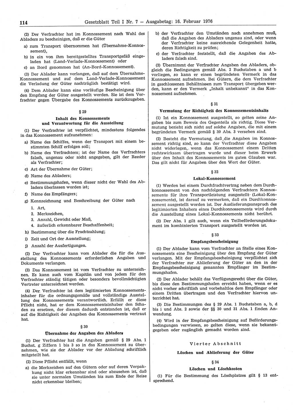 Gesetzblatt (GBl.) der Deutschen Demokratischen Republik (DDR) Teil Ⅰ 1976, Seite 114 (GBl. DDR Ⅰ 1976, S. 114)