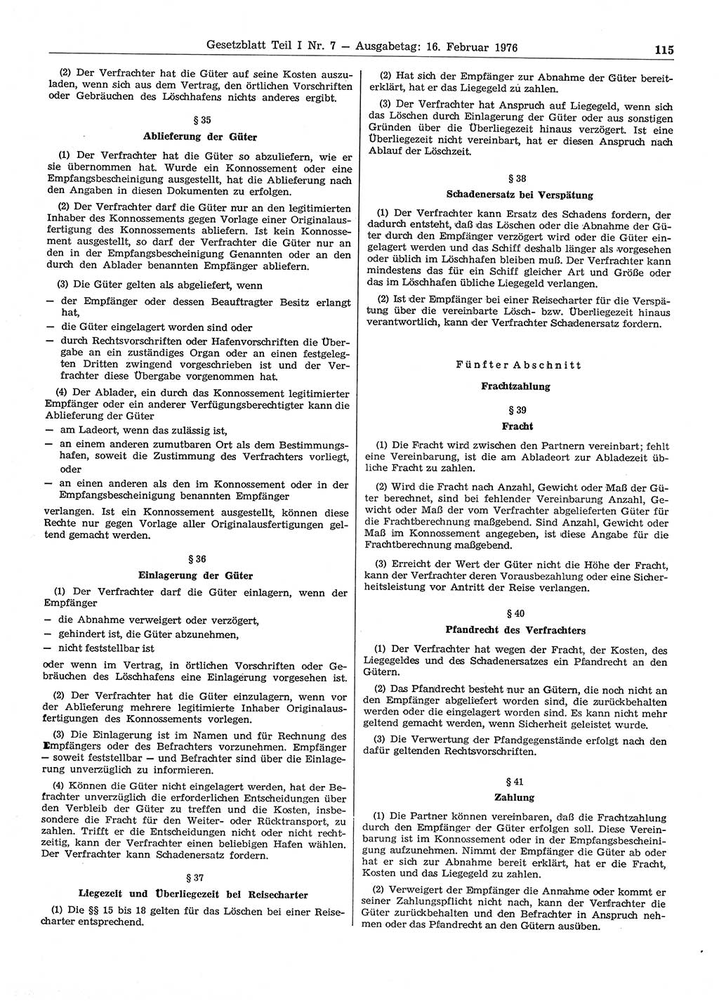 Gesetzblatt (GBl.) der Deutschen Demokratischen Republik (DDR) Teil Ⅰ 1976, Seite 115 (GBl. DDR Ⅰ 1976, S. 115)