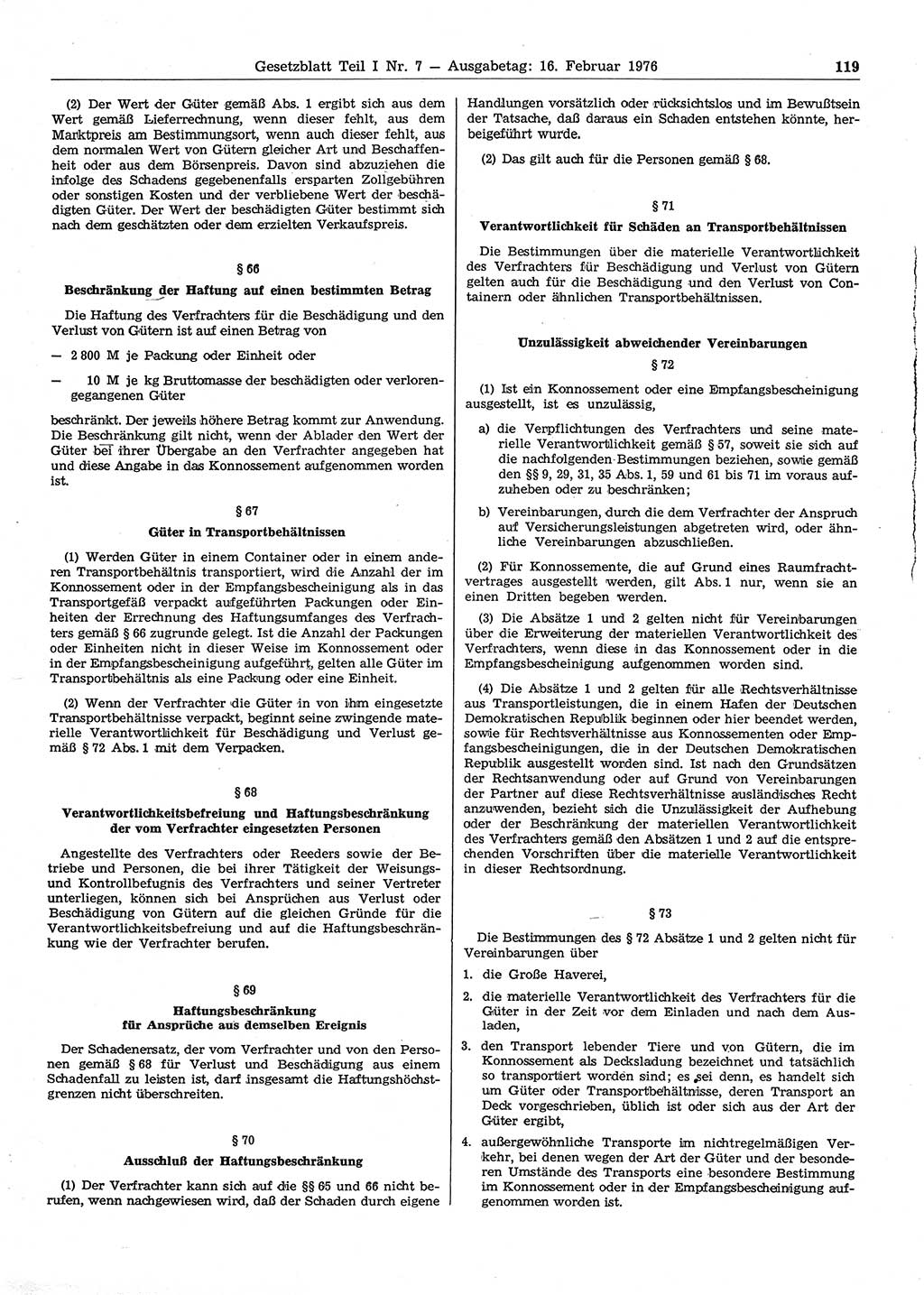 Gesetzblatt (GBl.) der Deutschen Demokratischen Republik (DDR) Teil Ⅰ 1976, Seite 119 (GBl. DDR Ⅰ 1976, S. 119)