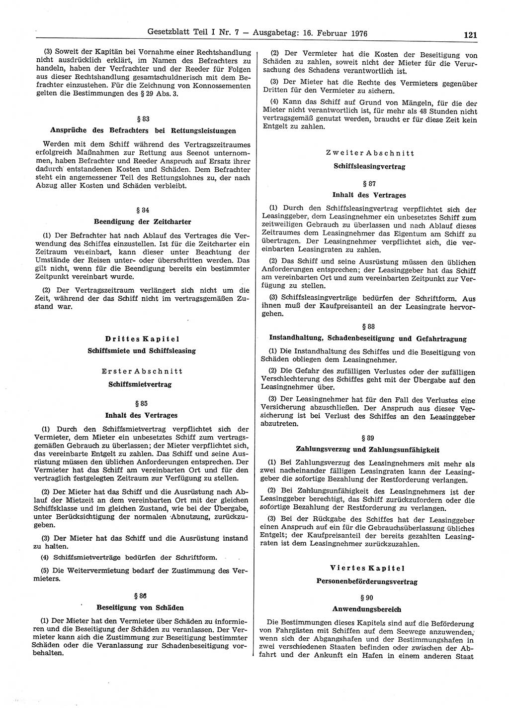 Gesetzblatt (GBl.) der Deutschen Demokratischen Republik (DDR) Teil Ⅰ 1976, Seite 121 (GBl. DDR Ⅰ 1976, S. 121)