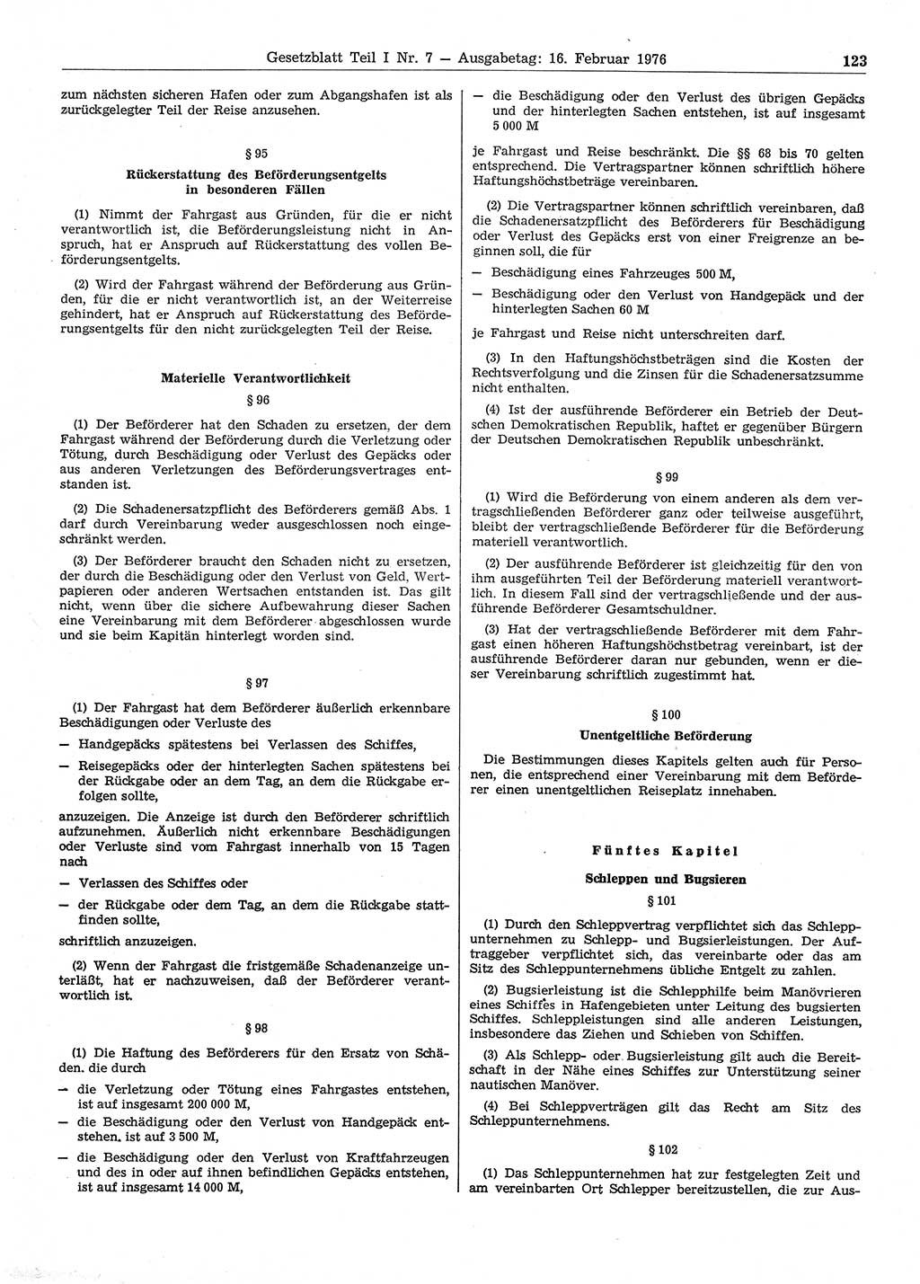 Gesetzblatt (GBl.) der Deutschen Demokratischen Republik (DDR) Teil Ⅰ 1976, Seite 123 (GBl. DDR Ⅰ 1976, S. 123)