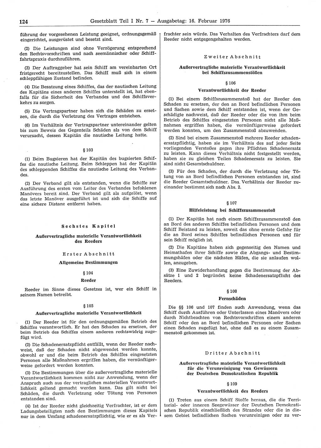 Gesetzblatt (GBl.) der Deutschen Demokratischen Republik (DDR) Teil Ⅰ 1976, Seite 124 (GBl. DDR Ⅰ 1976, S. 124)