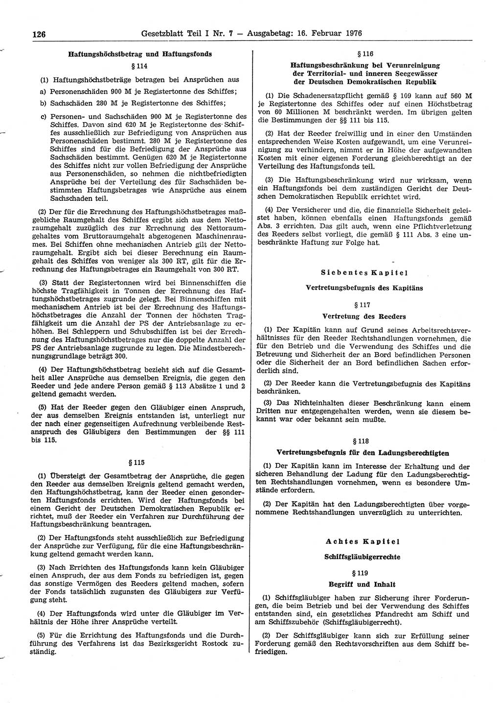 Gesetzblatt (GBl.) der Deutschen Demokratischen Republik (DDR) Teil Ⅰ 1976, Seite 126 (GBl. DDR Ⅰ 1976, S. 126)