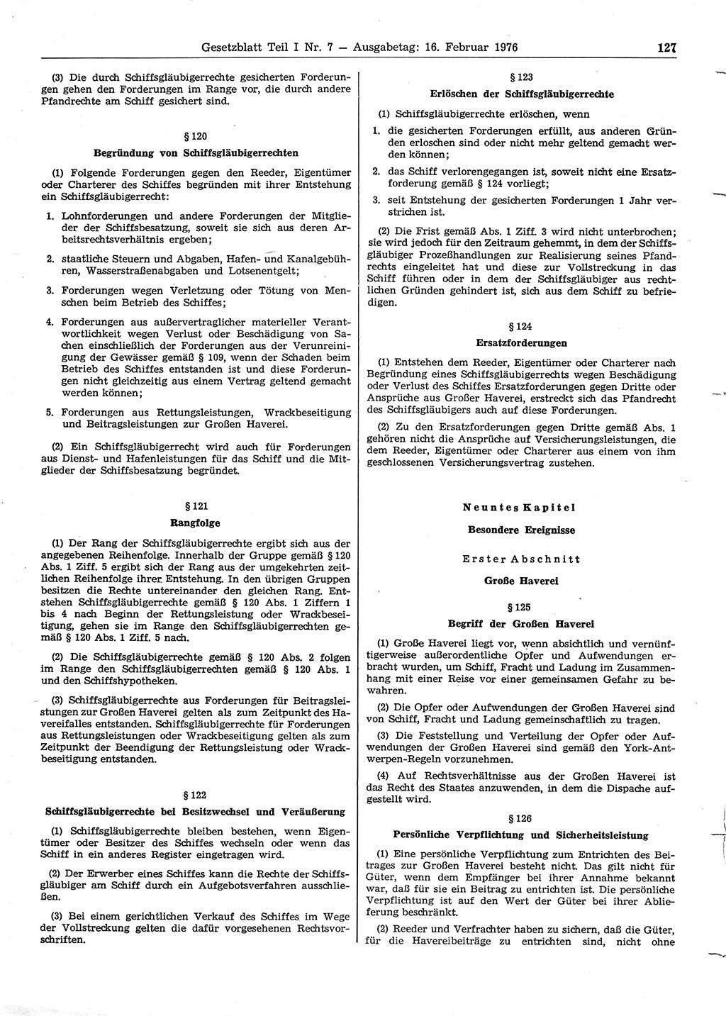Gesetzblatt (GBl.) der Deutschen Demokratischen Republik (DDR) Teil Ⅰ 1976, Seite 127 (GBl. DDR Ⅰ 1976, S. 127)
